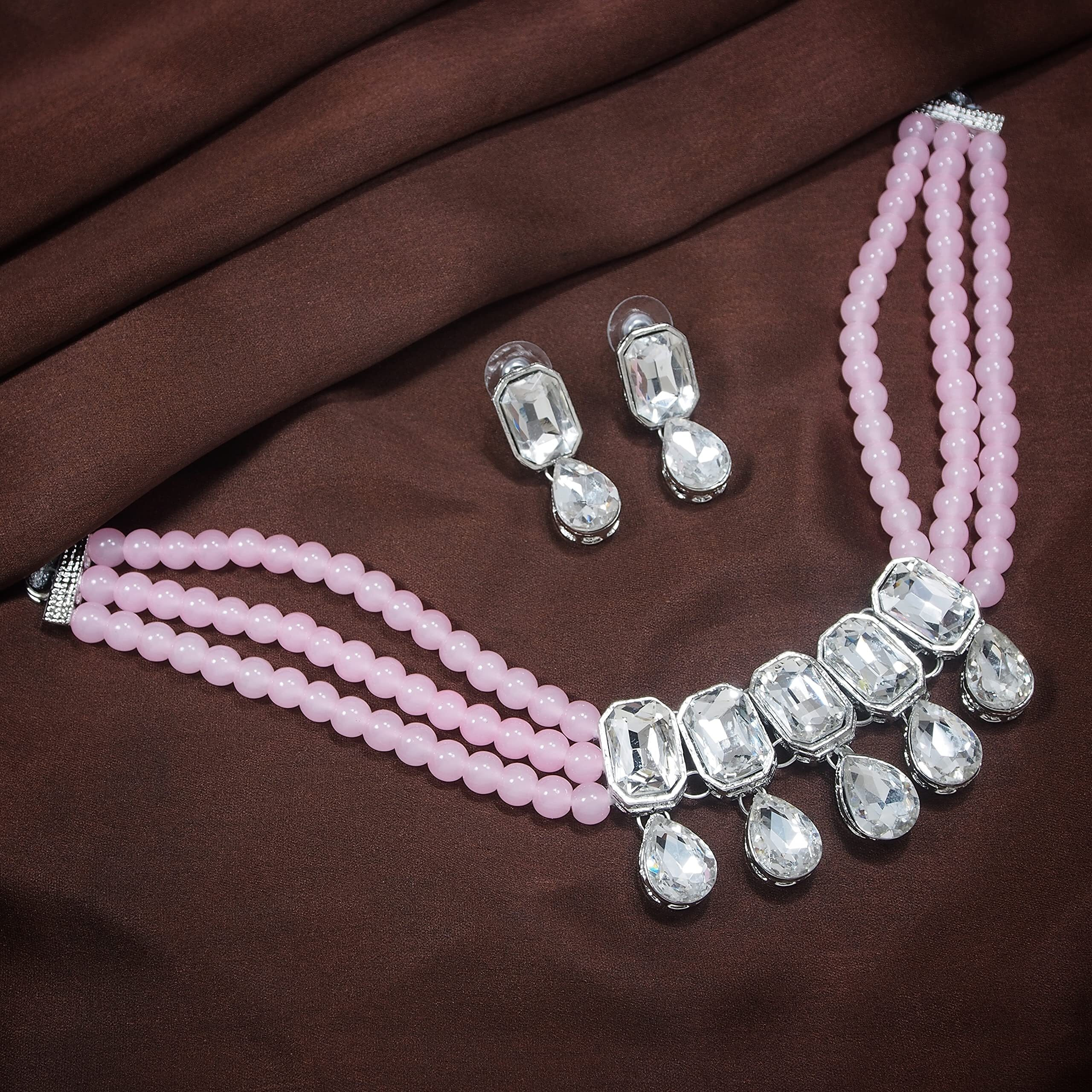 I Jewels 18K Rhodium Plated Traditional Crystal Stone Studded Pearl Choker Necklace Jewellery Set with Earrings For Women/Girls (ML249ZPi)