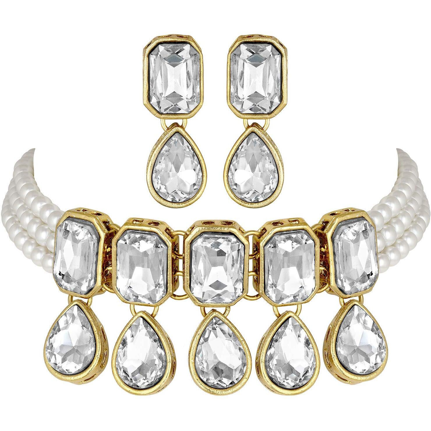 I Jewels 18K Gold Plated Traditional Handcrafted Crystal Stone Studded Pearl Choker Necklace Jewellery Set with Earrings For Women/Girls (ML249W)
