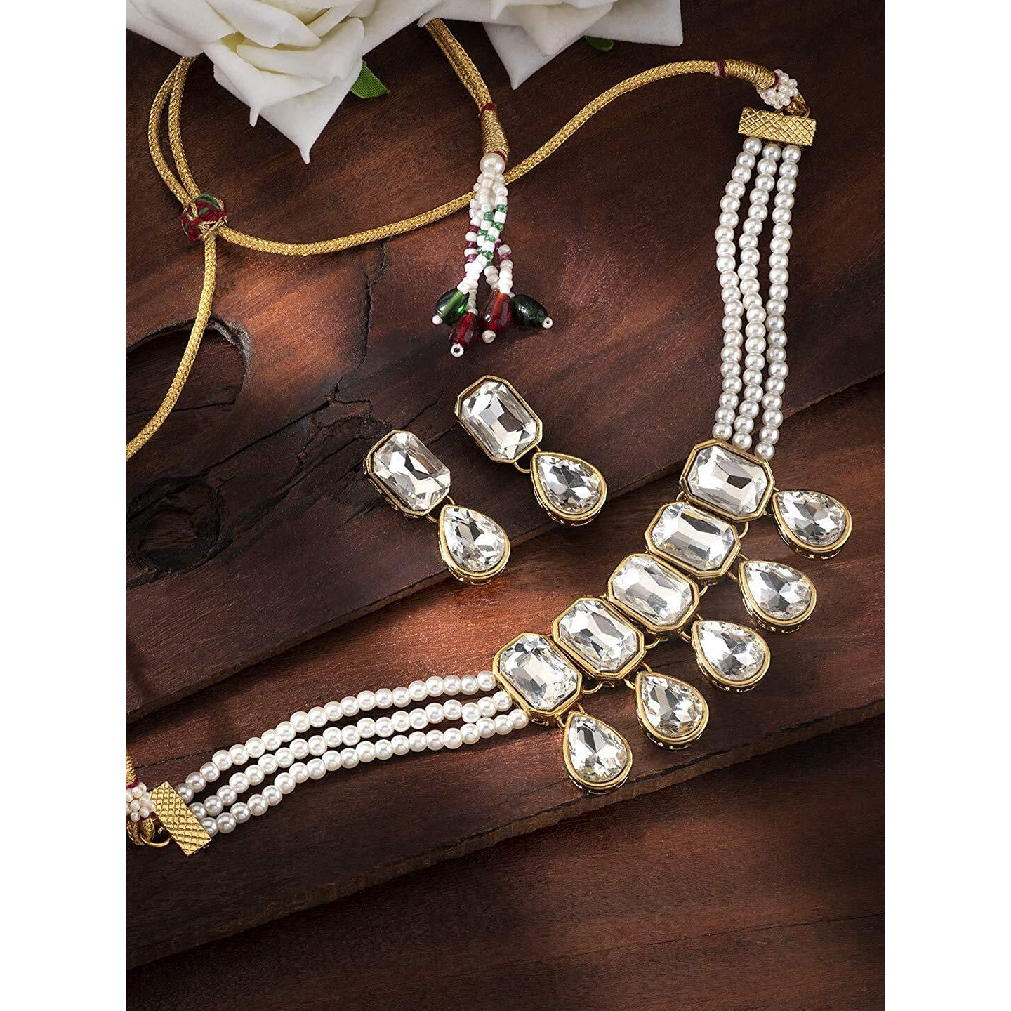 I Jewels 18K Gold Plated Traditional Handcrafted Crystal Stone Studded Pearl Choker Necklace Jewellery Set with Earrings For Women/Girls (ML249W)