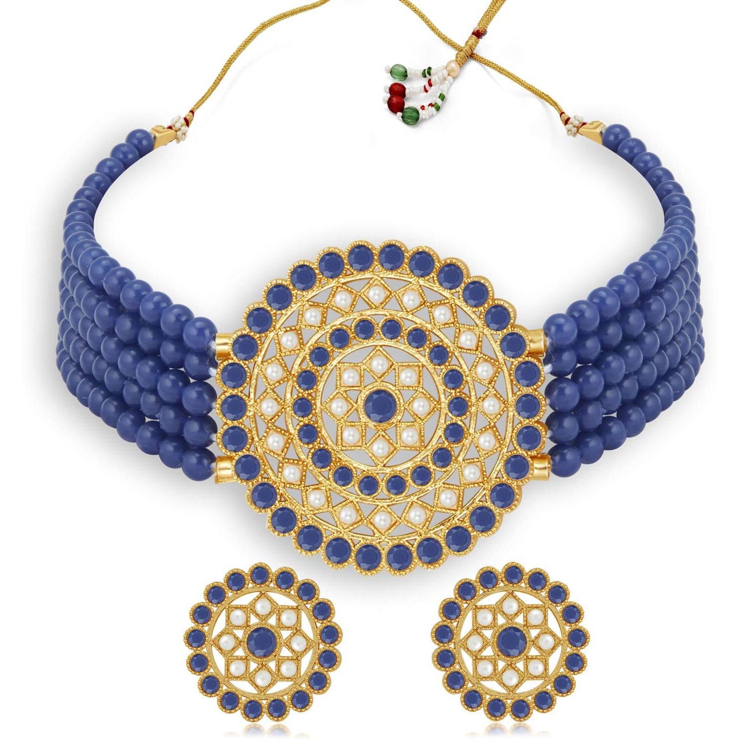 Sukkhi Marvelous Gold Plated Dark Blue & White Pearl Choker Necklace Set for Women (SKR70442), free size