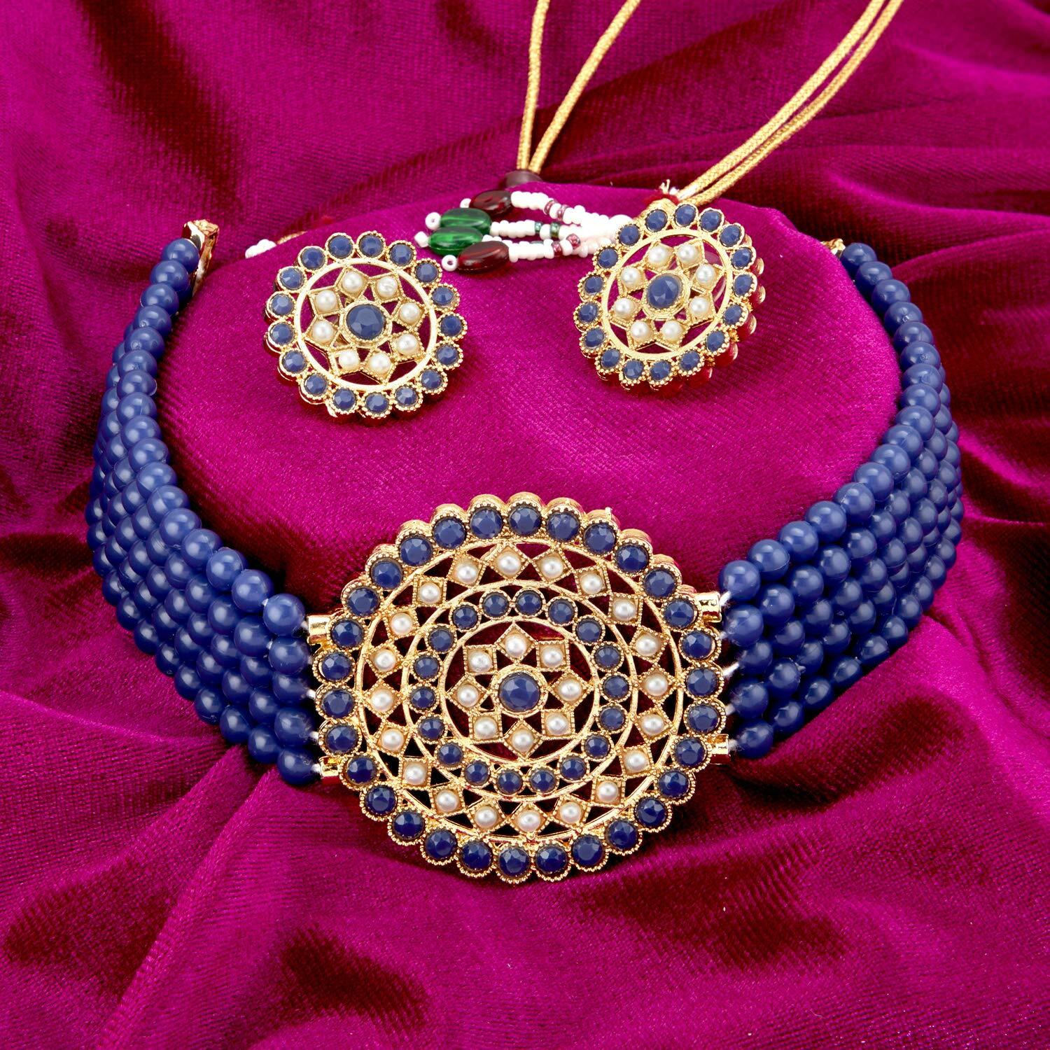 Sukkhi Marvelous Gold Plated Dark Blue & White Pearl Choker Necklace Set for Women (SKR70442), free size