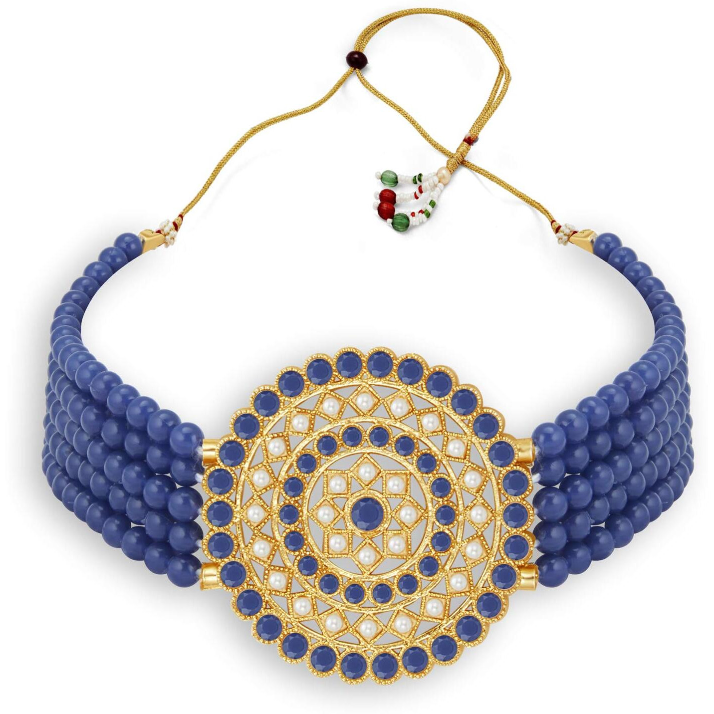 Sukkhi Marvelous Gold Plated Dark Blue & White Pearl Choker Necklace Set for Women (SKR70442), free size