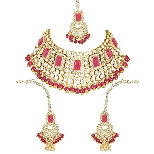 I Jewels 18K Gold Plated Traditional Handcrafted Faux Kundan & Pearl Studded Bridal Choker Necklace Jewellery Set with Earrings & Maang Tikka For Women (IJ401) (Rani Pink)