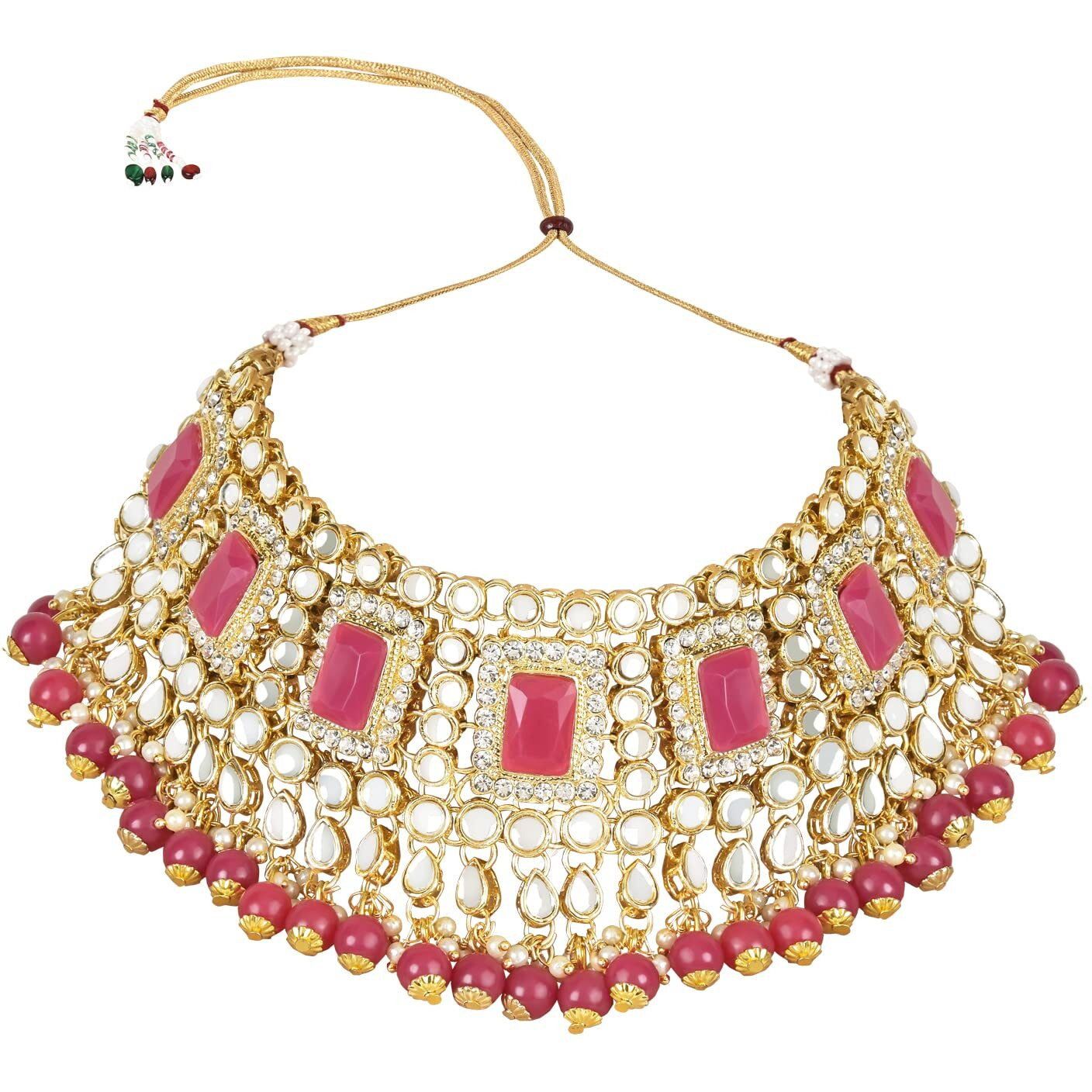 I Jewels 18K Gold Plated Traditional Handcrafted Faux Kundan & Pearl Studded Bridal Choker Necklace Jewellery Set with Earrings & Maang Tikka For Women (IJ401) (Rani Pink)