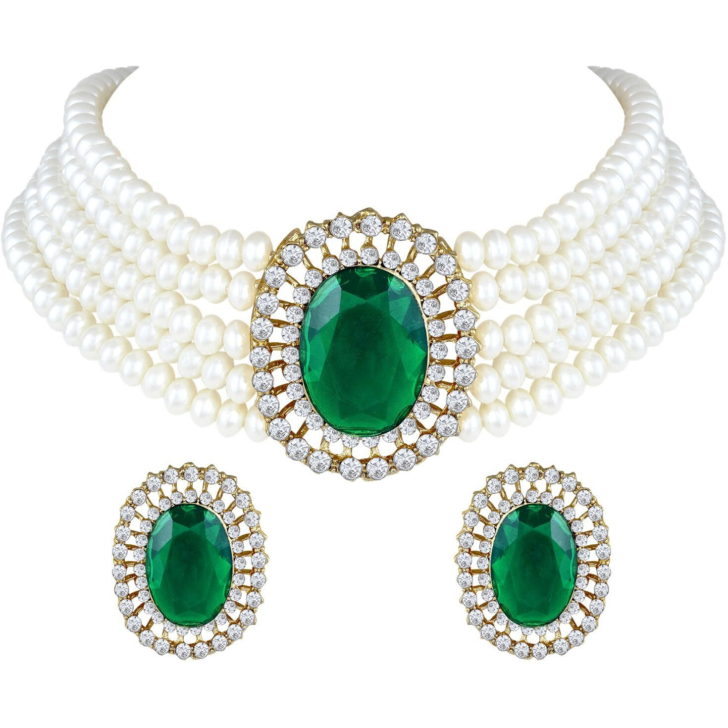 Peora Gold Plated Oval Green Stone Beaded Adjustable Necklace Jewellery Set for Women Girls