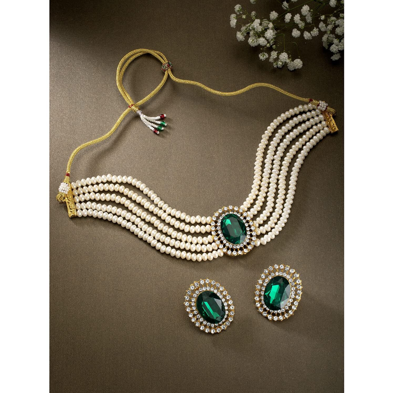 Peora Gold Plated Oval Green Stone Beaded Adjustable Necklace Jewellery Set for Women Girls