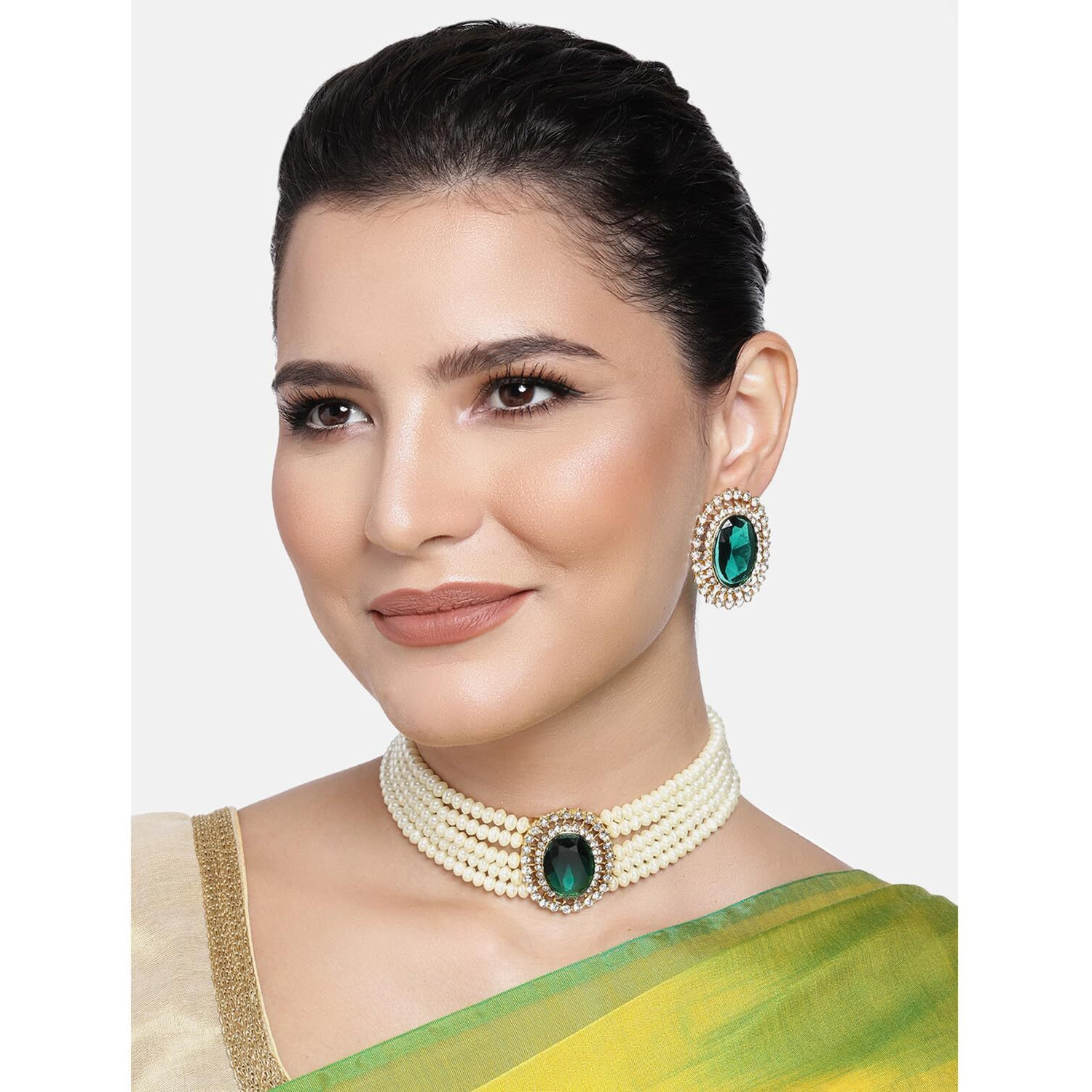 Peora Gold Plated Oval Green Stone Beaded Adjustable Necklace Jewellery Set for Women Girls