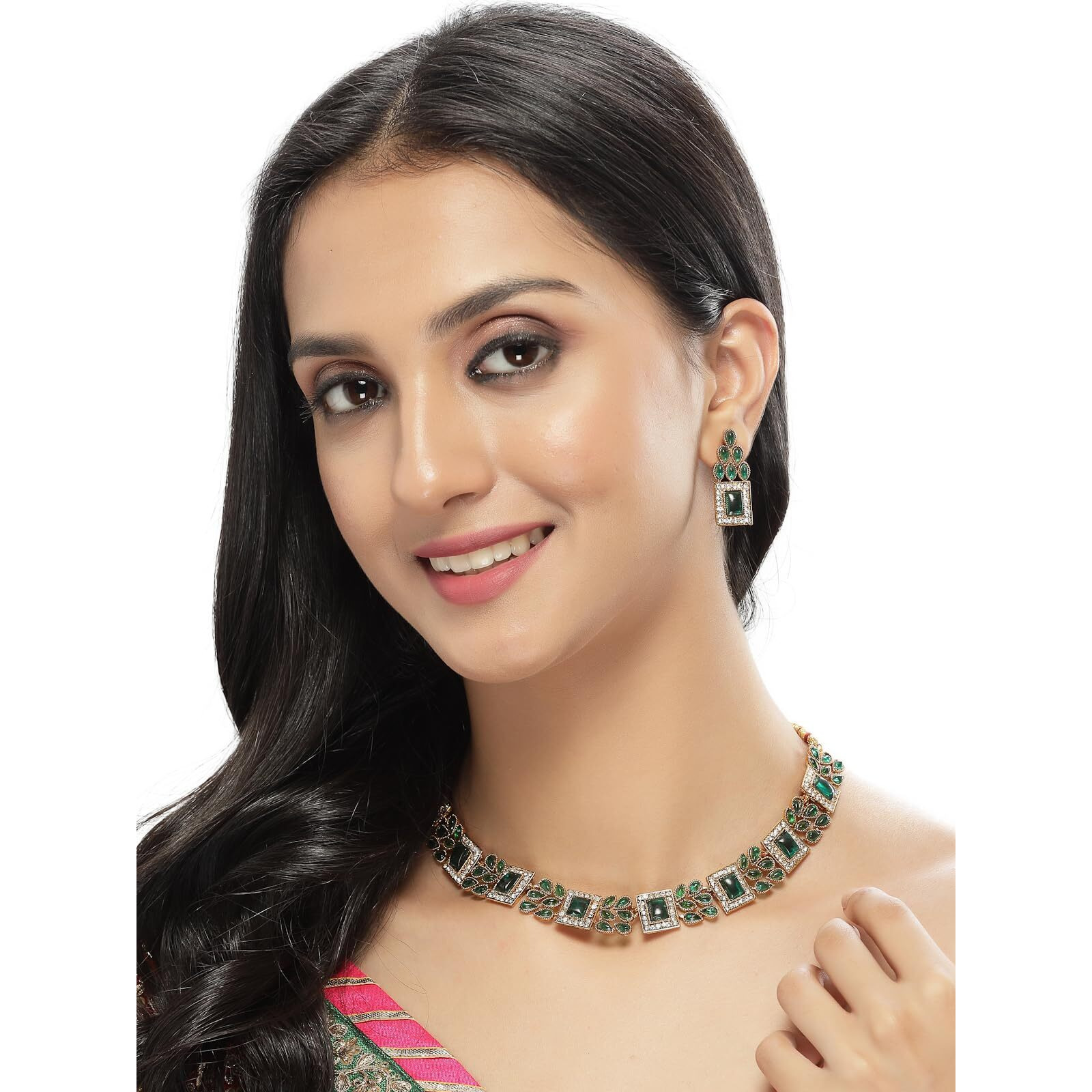 Sukkhi Sparkling Gold Plated Green AD Stone Collar Bone Necklace Set And Earring | Jewellery Set For Women (NS105664)