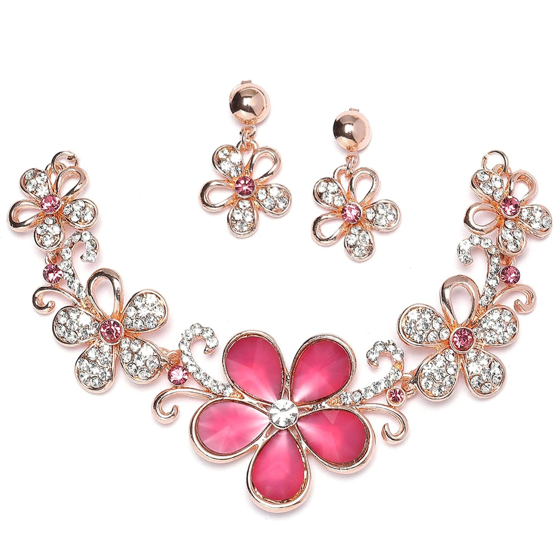 ZENEME Rhodium-Plated American Diamonds Studded Floweret Necklace With Earrings Jewellery Set For Girls and Women (Red-Rose Gold)