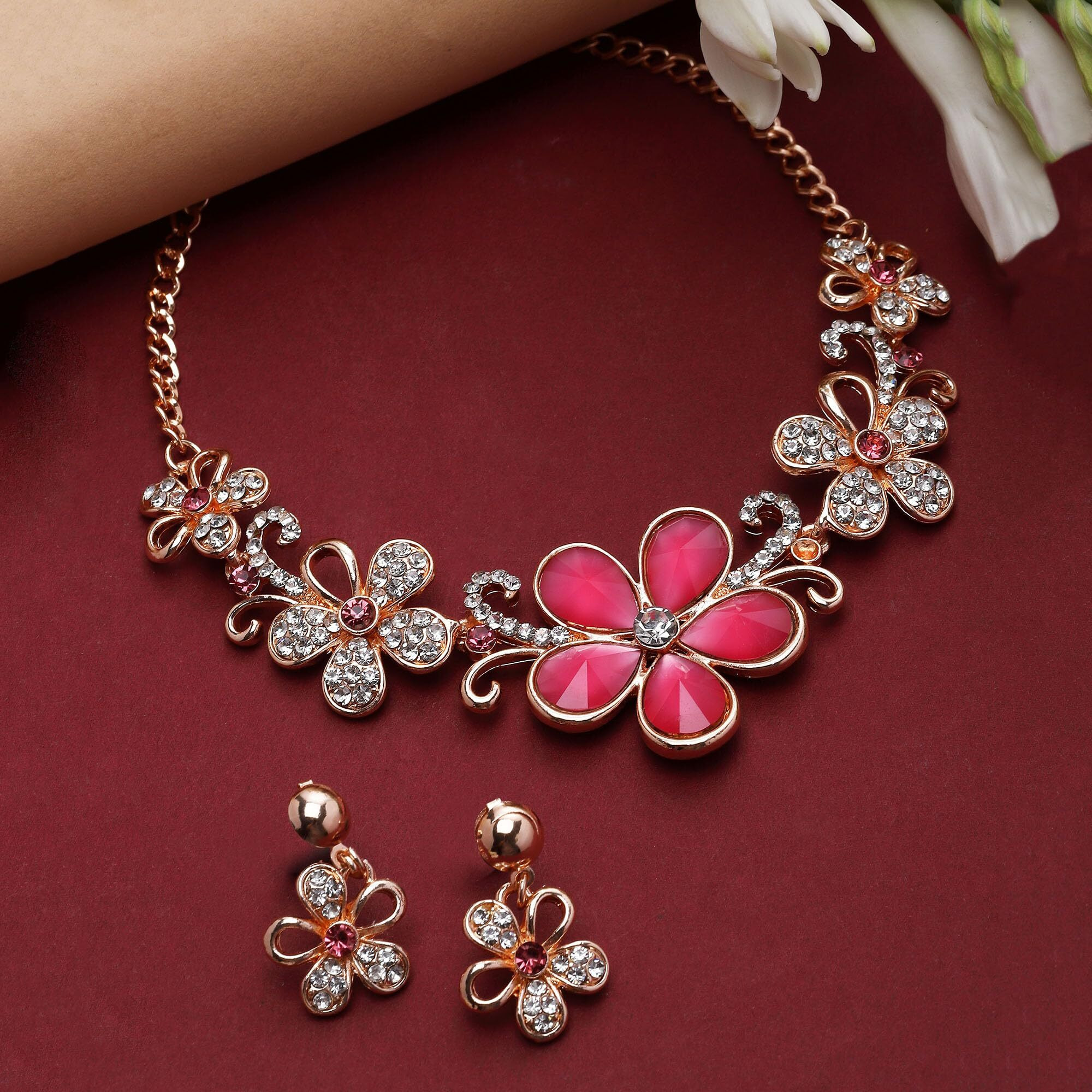 ZENEME Rhodium-Plated American Diamonds Studded Floweret Necklace With Earrings Jewellery Set For Girls and Women (Red-Rose Gold)