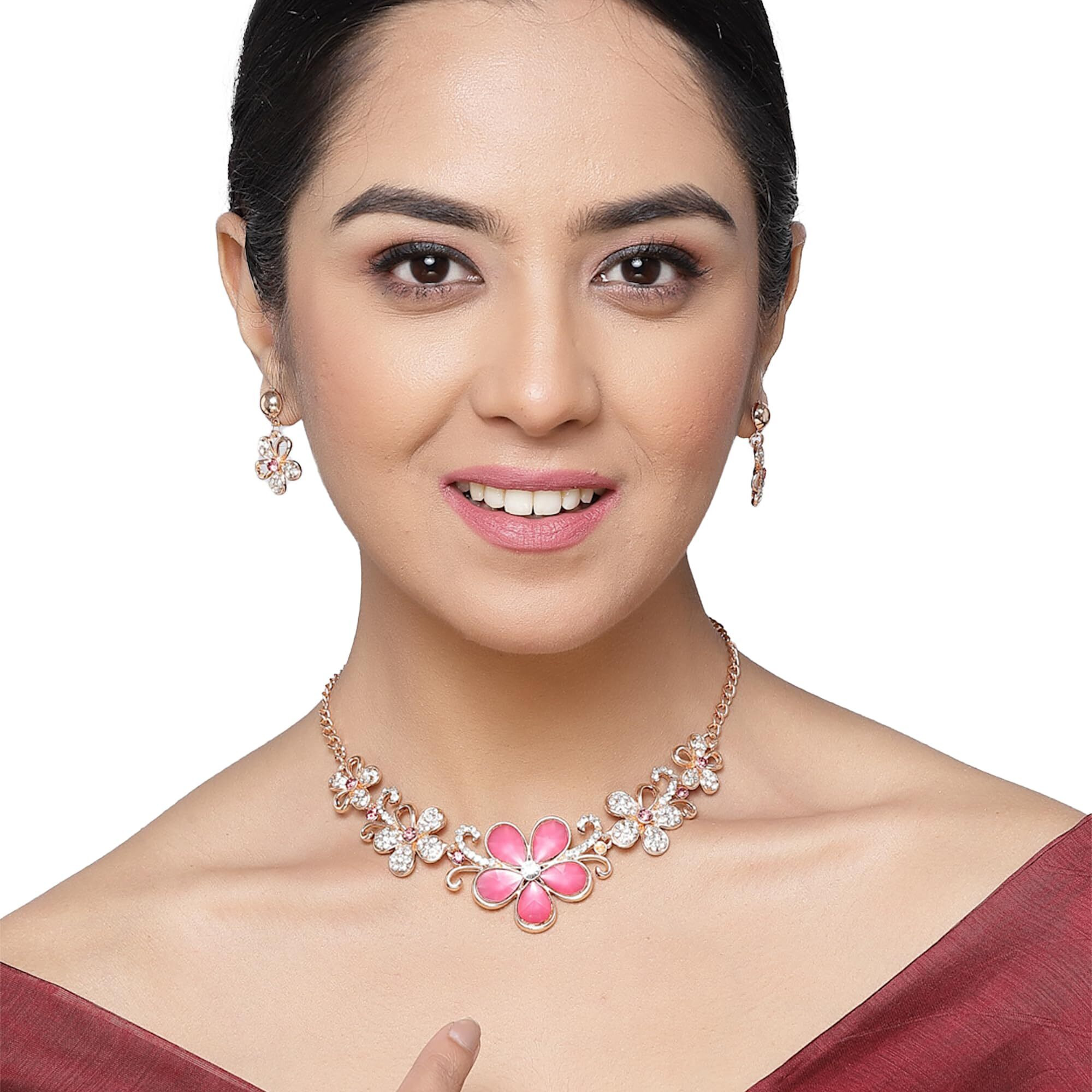 ZENEME Rhodium-Plated American Diamonds Studded Floweret Necklace With Earrings Jewellery Set For Girls and Women (Red-Rose Gold)