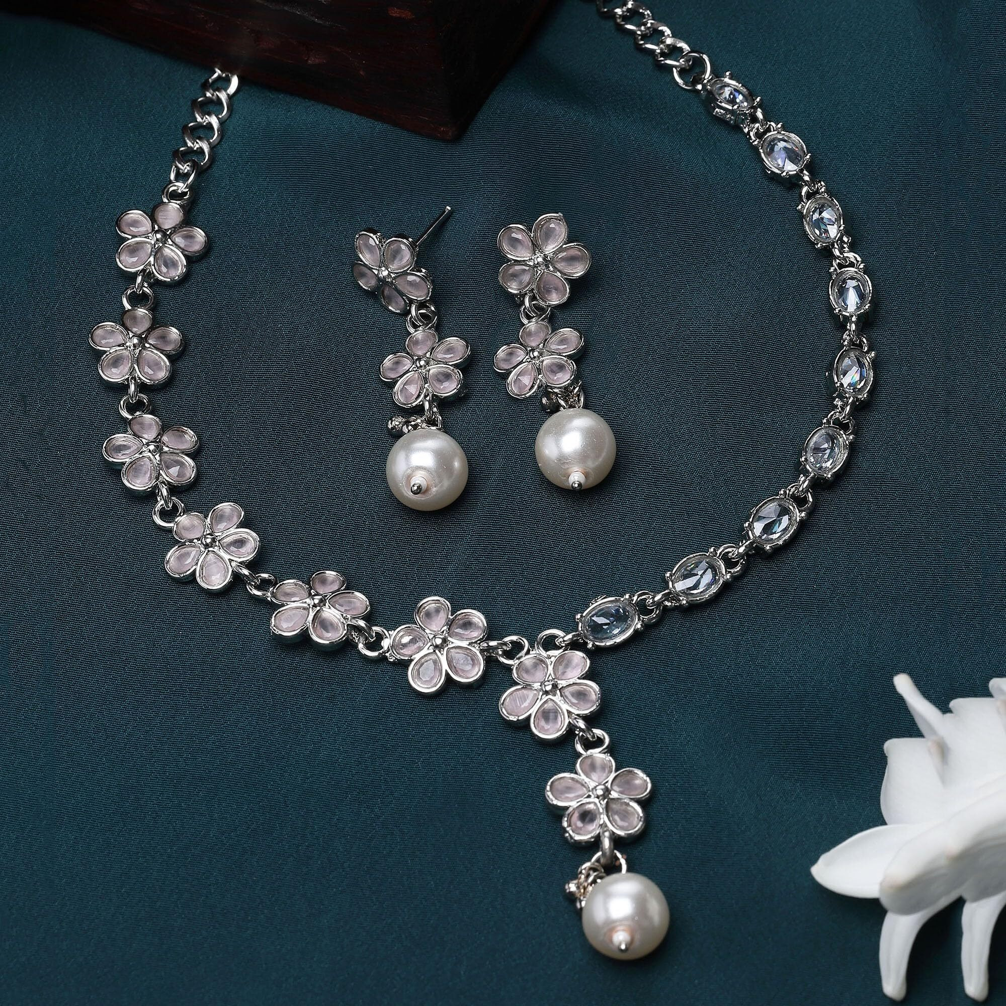 ZENEME Oxidised Silver-Plated Flower Shaped American Diamond Studded Necklace Earrings Jewellery Set for Girls and Women (Mint Pink)