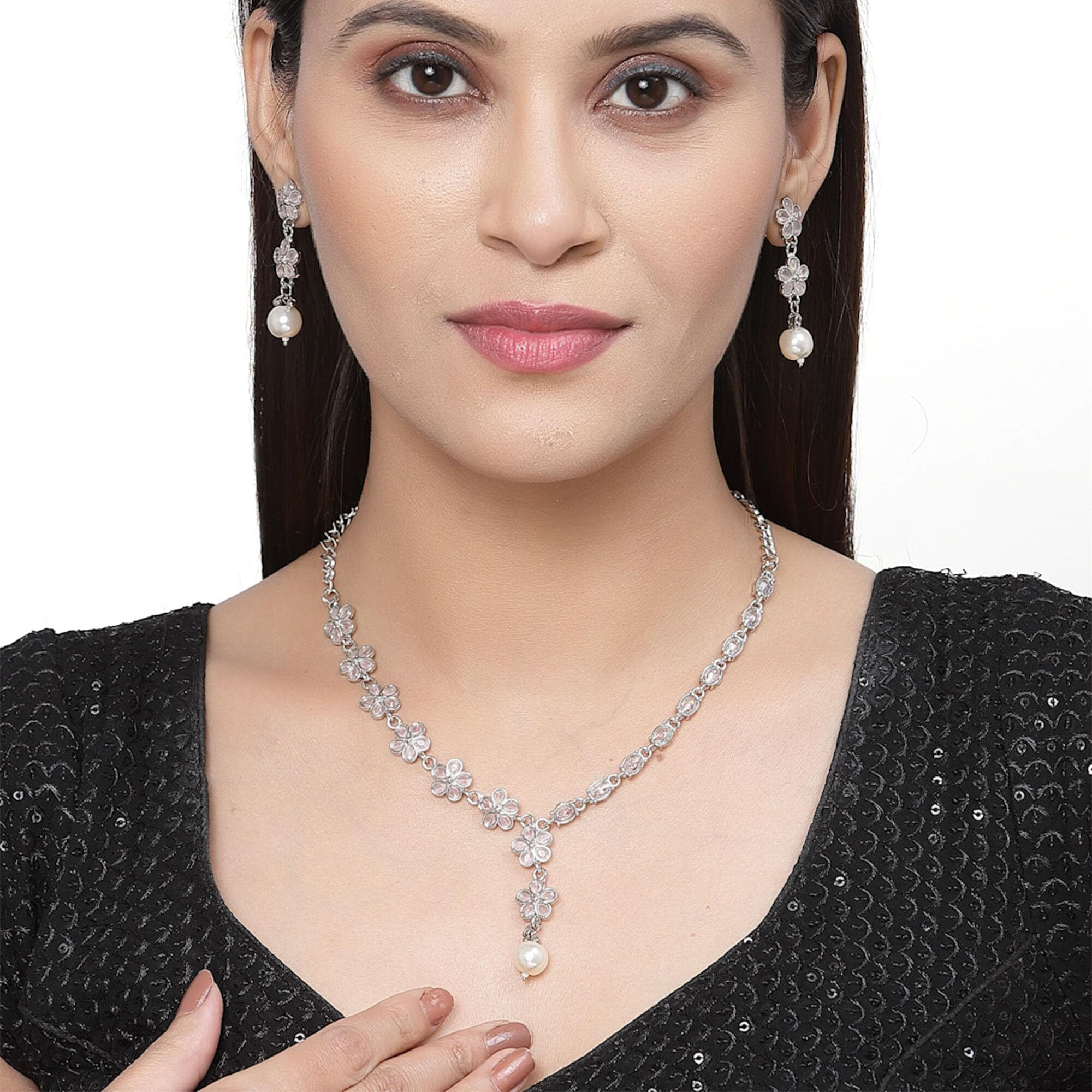 ZENEME Oxidised Silver-Plated Flower Shaped American Diamond Studded Necklace Earrings Jewellery Set for Girls and Women (Mint Pink)