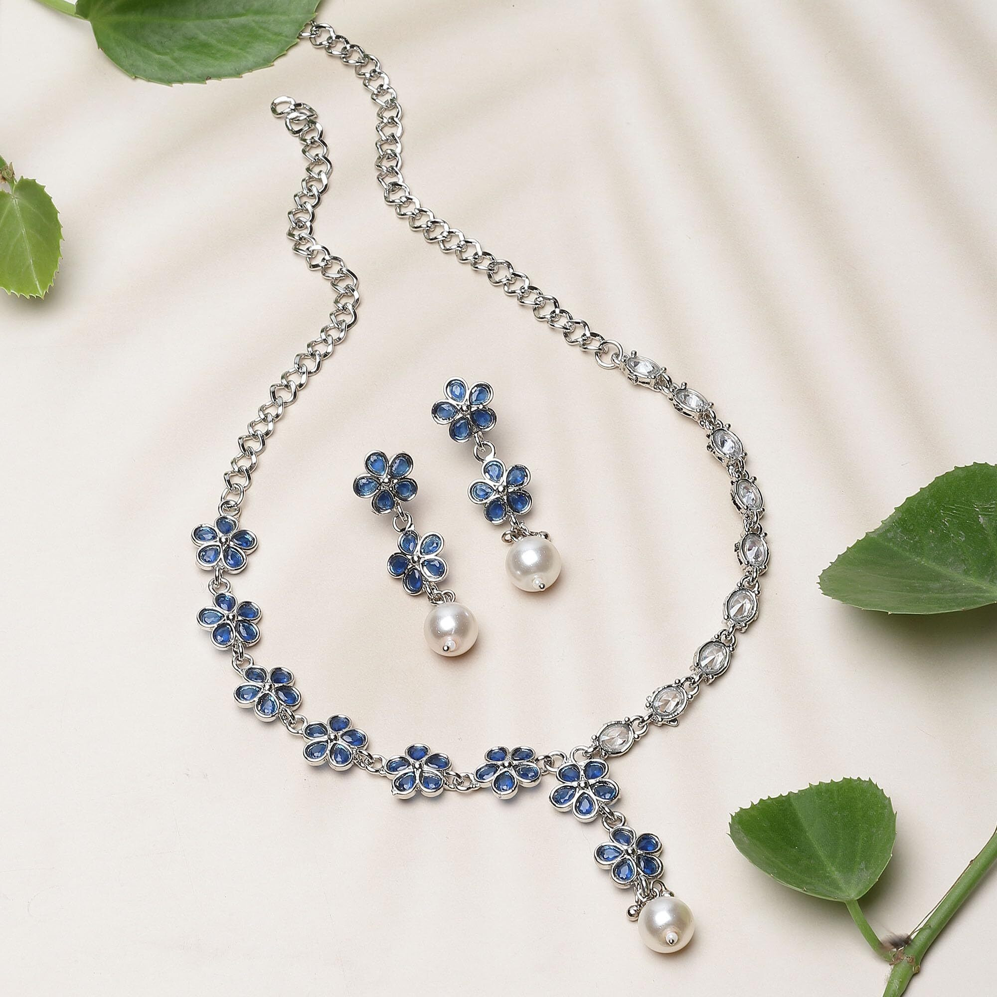 ZENEME Oxidised Silver-Plated Flower Shaped American Diamond Studded Necklace Earrings Jewellery Set for Girls and Women (Navy Blue)