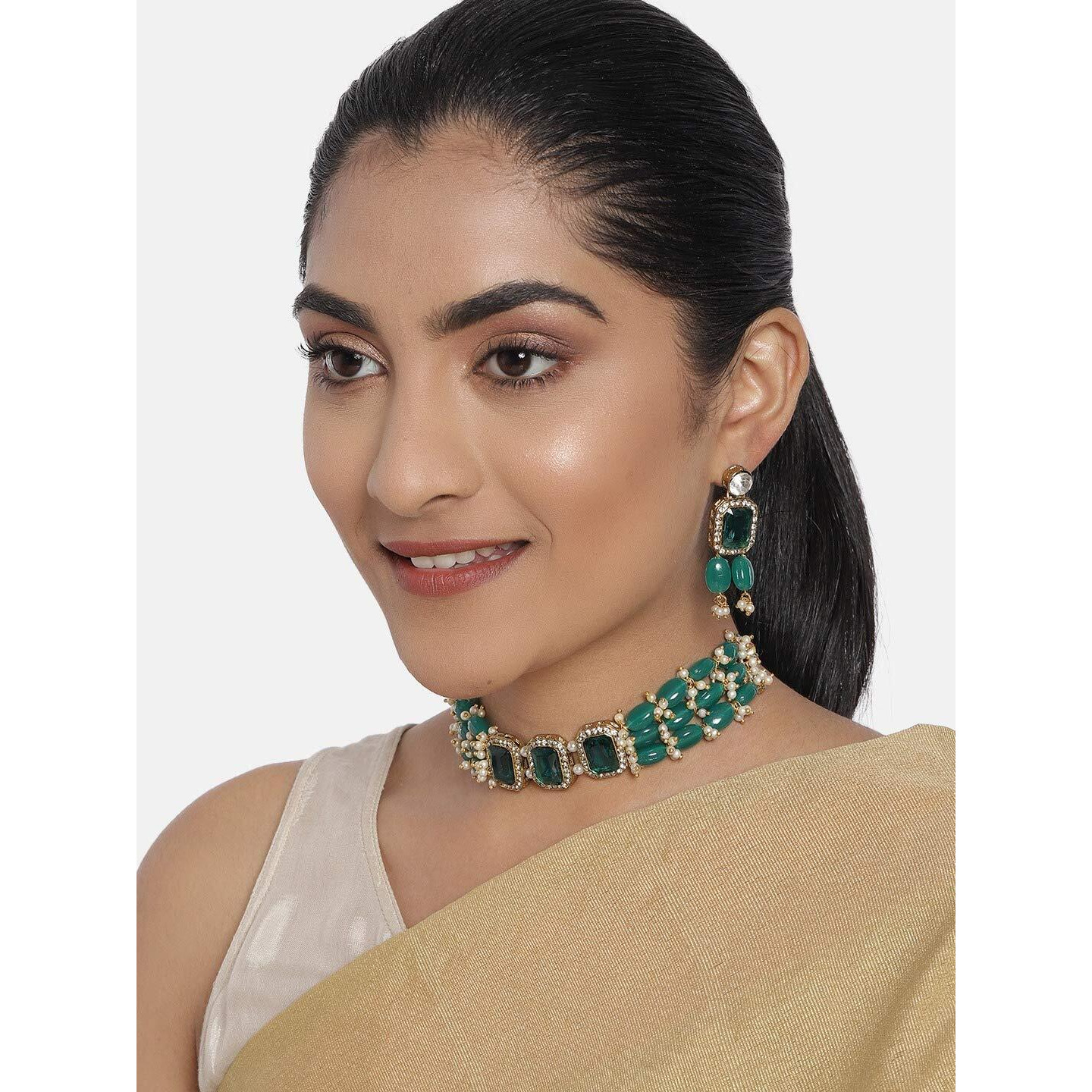 ZAVERI PEARLS Green Stones & Beads Multistrand Traditional Choker Necklace & Earring Set For Women-ZPFK10111