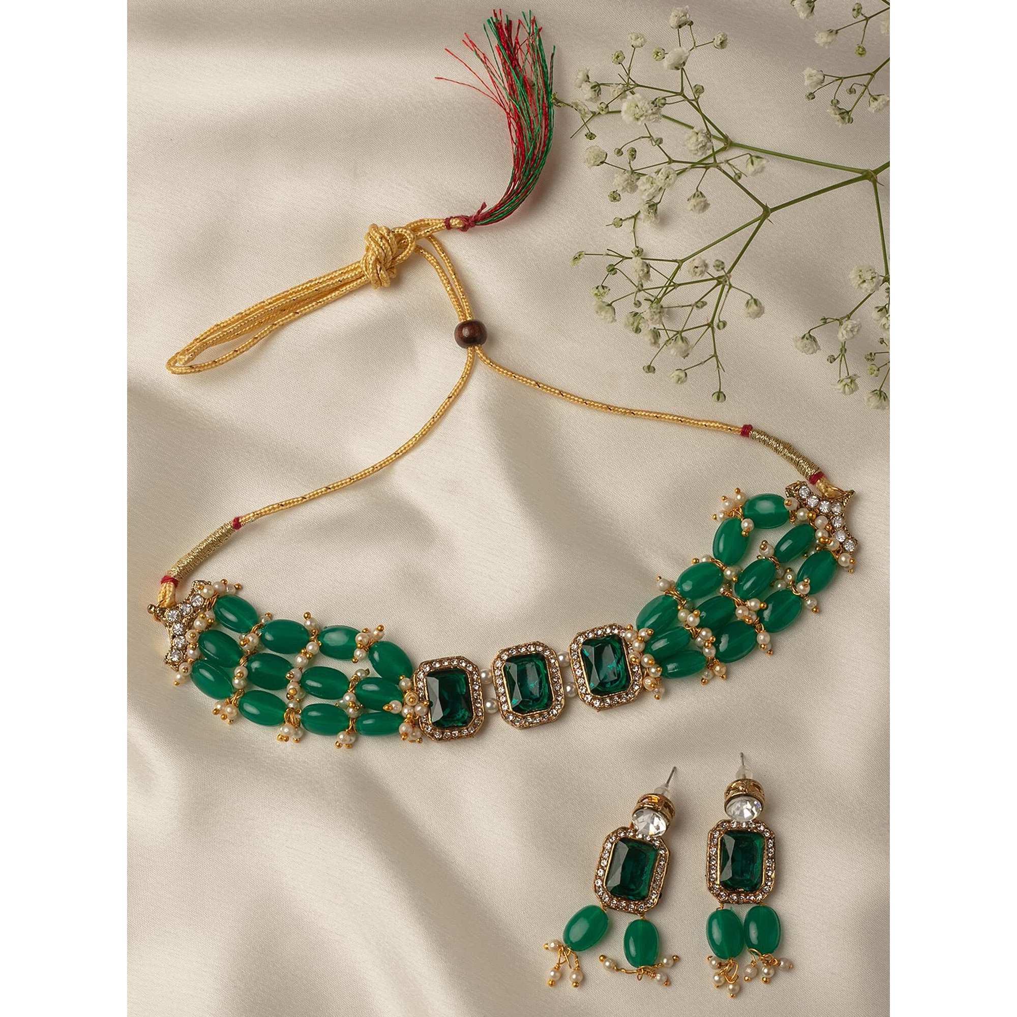 ZAVERI PEARLS Green Stones & Beads Multistrand Traditional Choker Necklace & Earring Set For Women-ZPFK10111