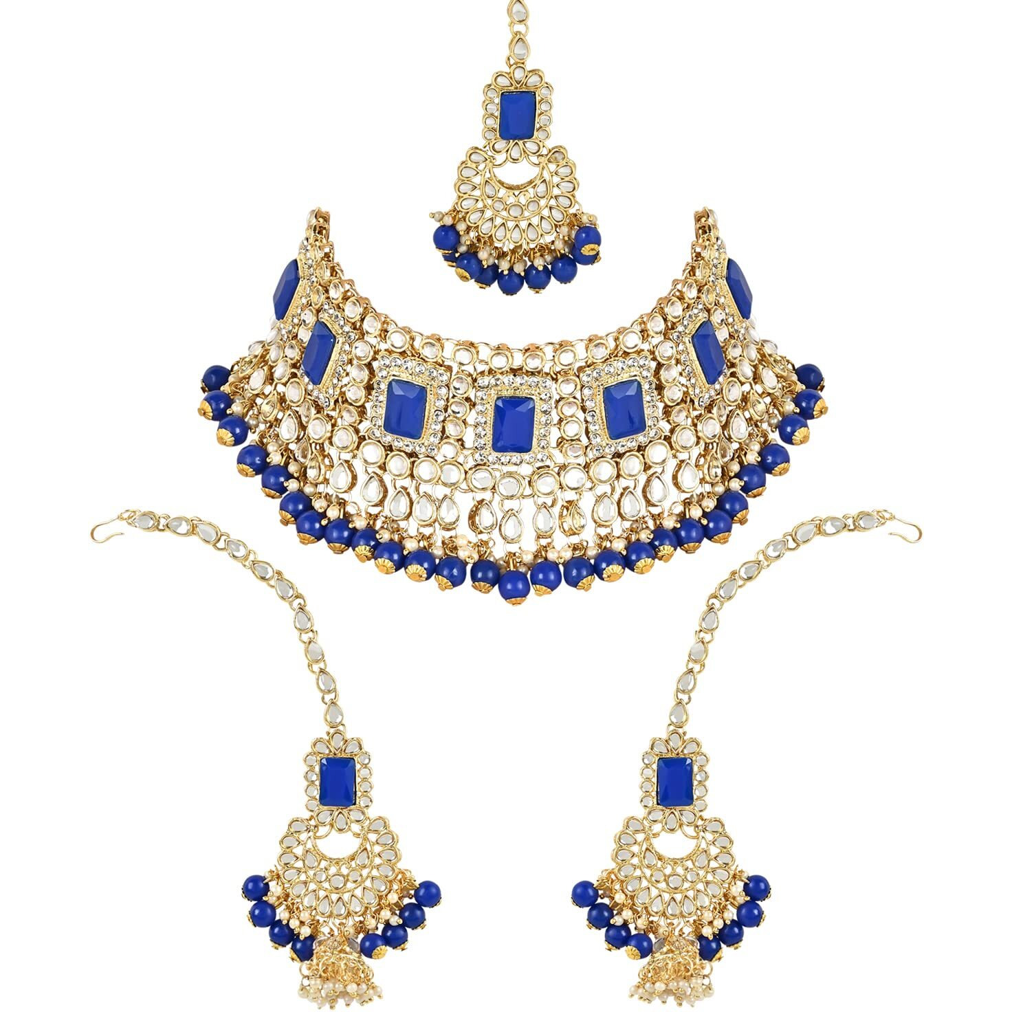 I Jewels 18K Gold Plated Traditional Handcrafted Faux Kundan & Pearl Studded Bridal Choker Necklace Jewellery Set with Earrings & Maang Tikka For Women (IJ401) (Blue)