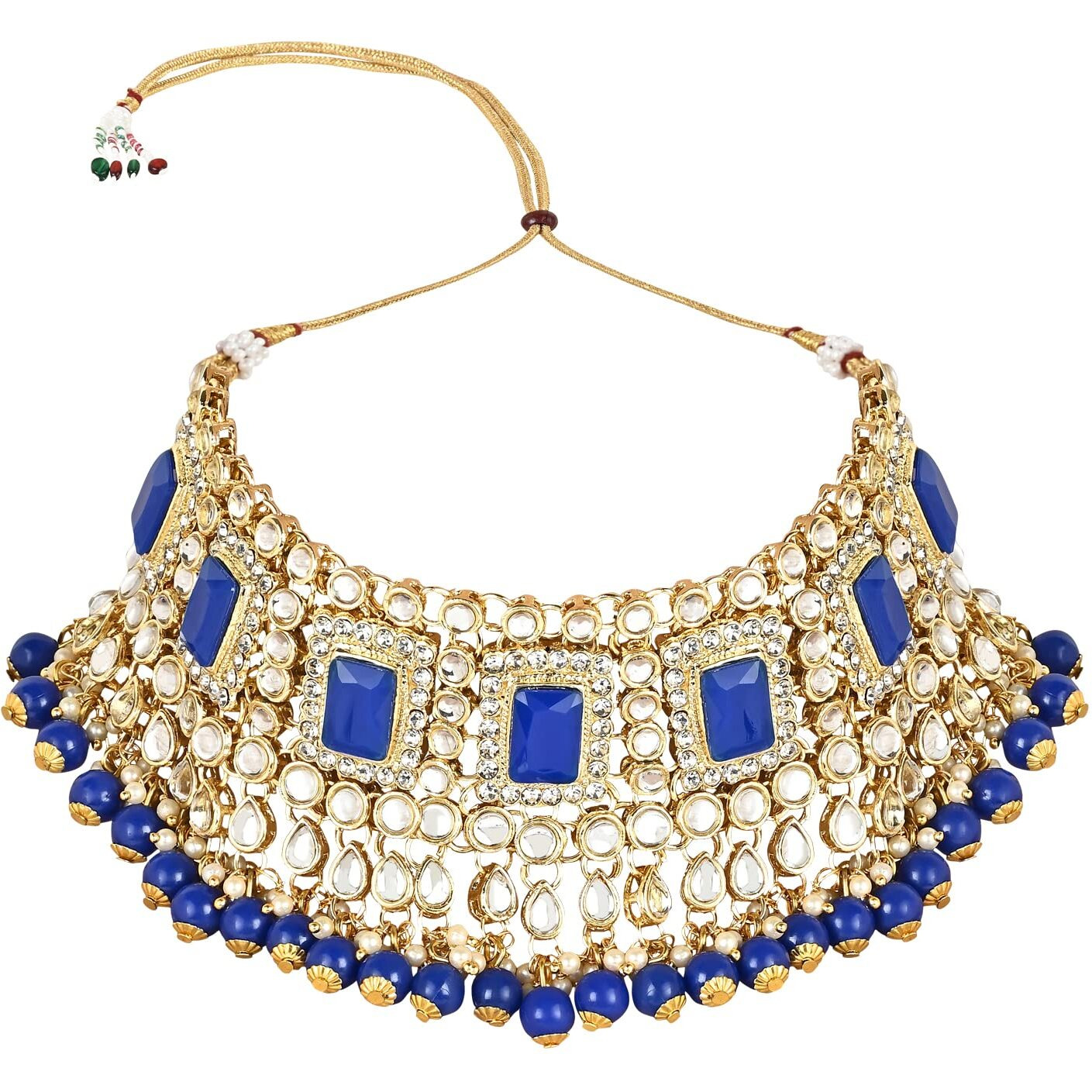 I Jewels 18K Gold Plated Traditional Handcrafted Faux Kundan & Pearl Studded Bridal Choker Necklace Jewellery Set with Earrings & Maang Tikka For Women (IJ401) (Blue)
