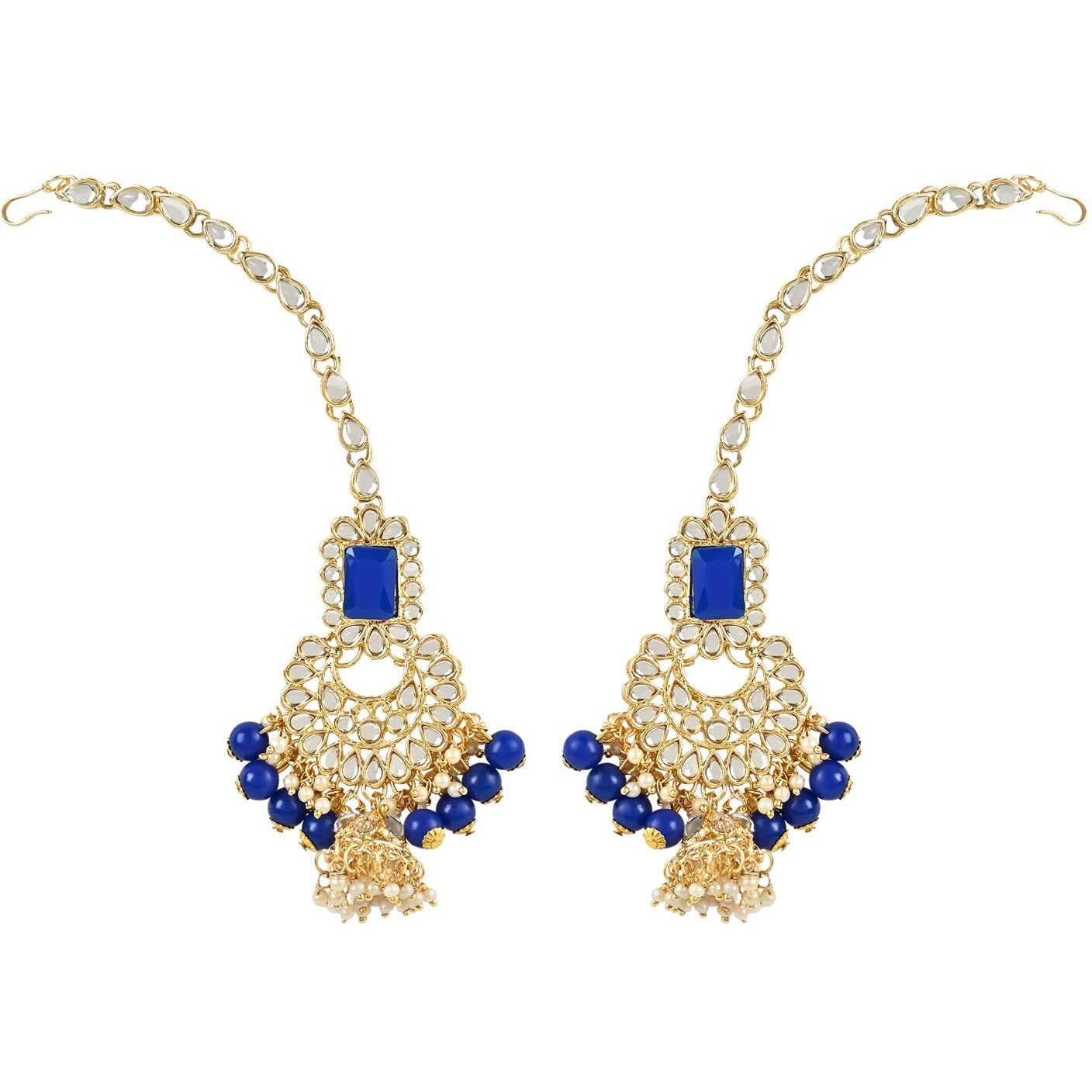 I Jewels 18K Gold Plated Traditional Handcrafted Faux Kundan & Pearl Studded Bridal Choker Necklace Jewellery Set with Earrings & Maang Tikka For Women (IJ401) (Blue)