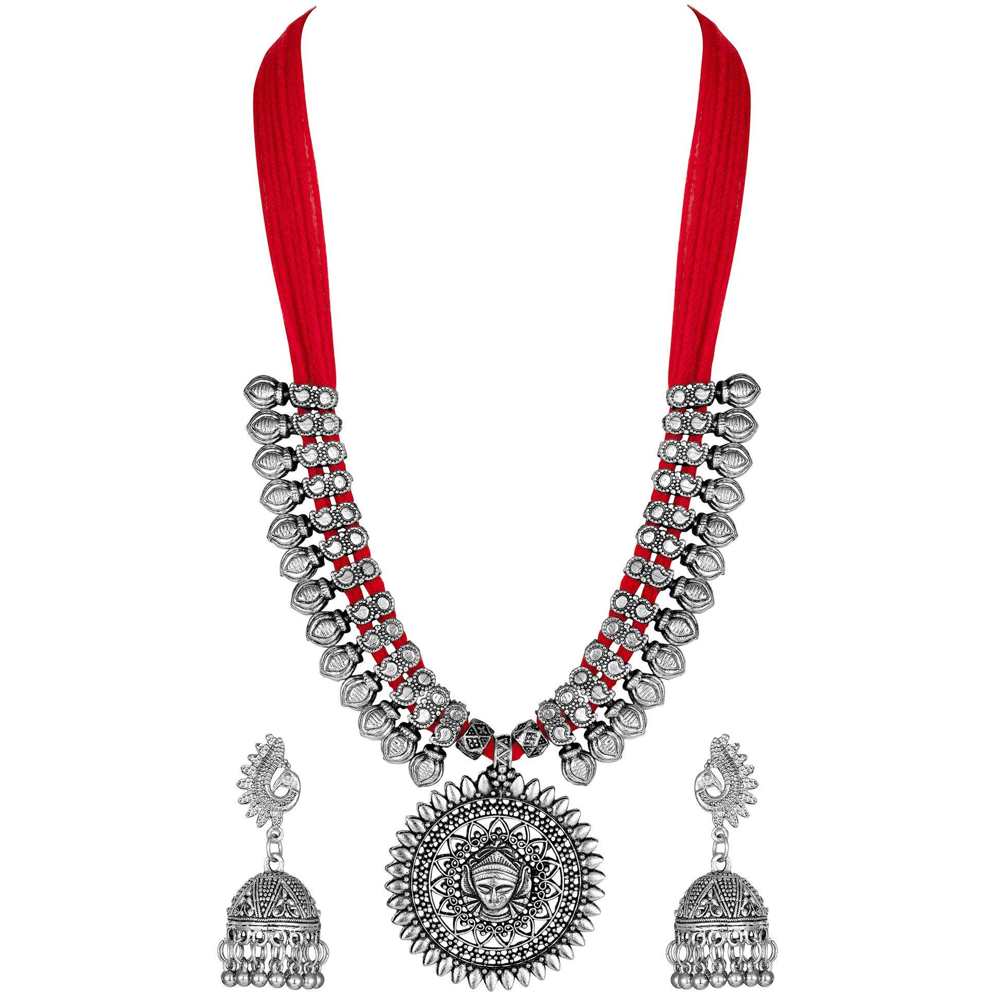 Shining Diva Fashion Latest Oxidised Silver Antique Design Necklace Set Jewellery Set for Women (Red) (11242s)