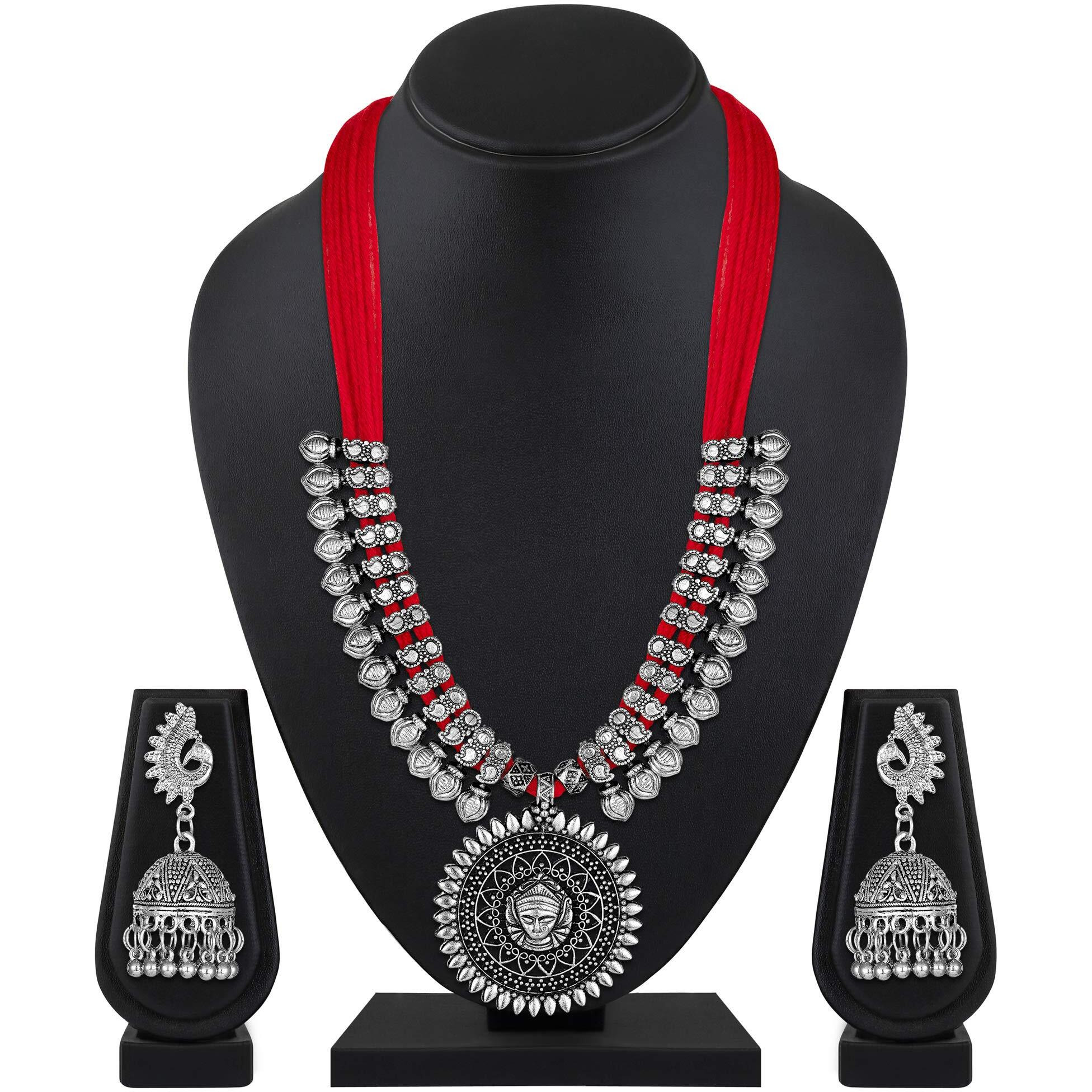 Shining Diva Fashion Latest Oxidised Silver Antique Design Necklace Set Jewellery Set for Women (Red) (11242s)