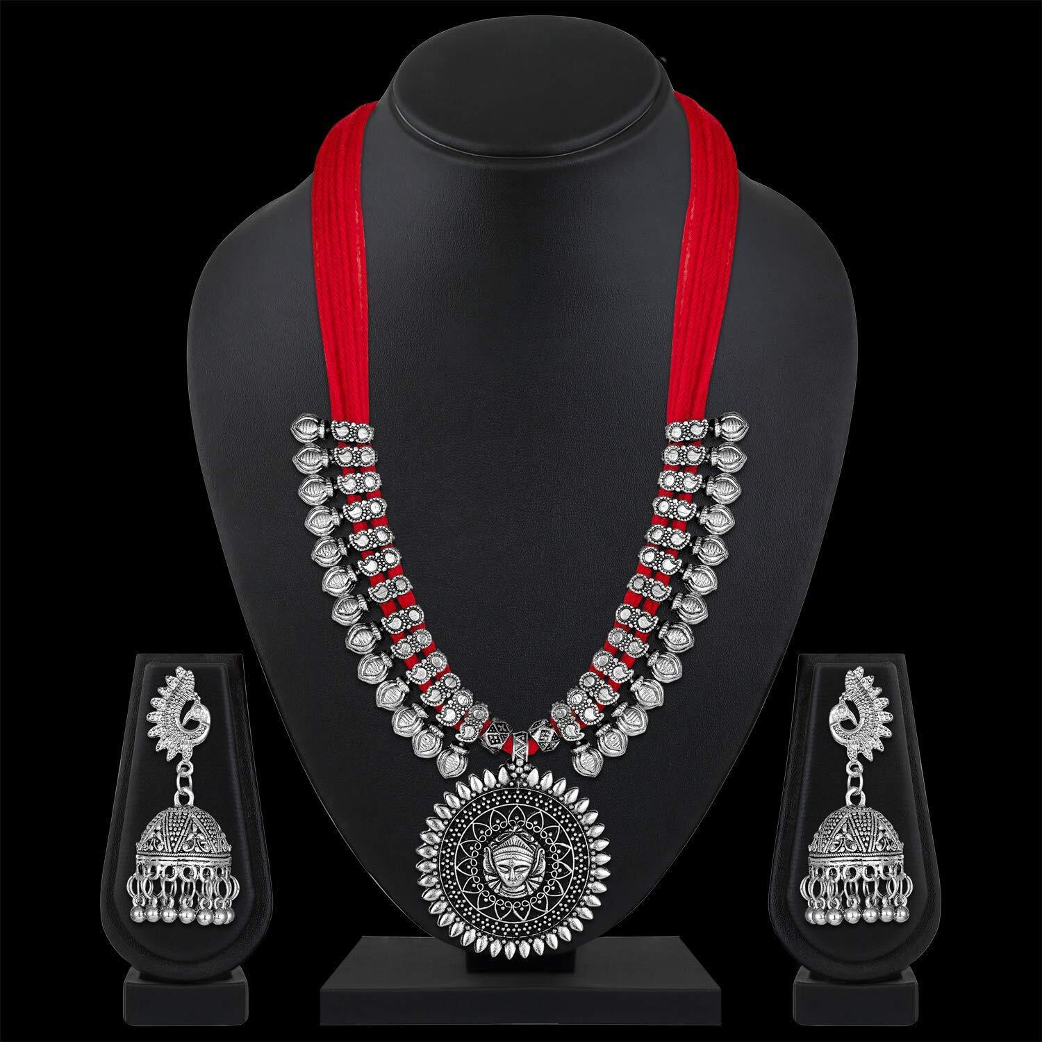 Shining Diva Fashion Latest Oxidised Silver Antique Design Necklace Set Jewellery Set for Women (Red) (11242s)