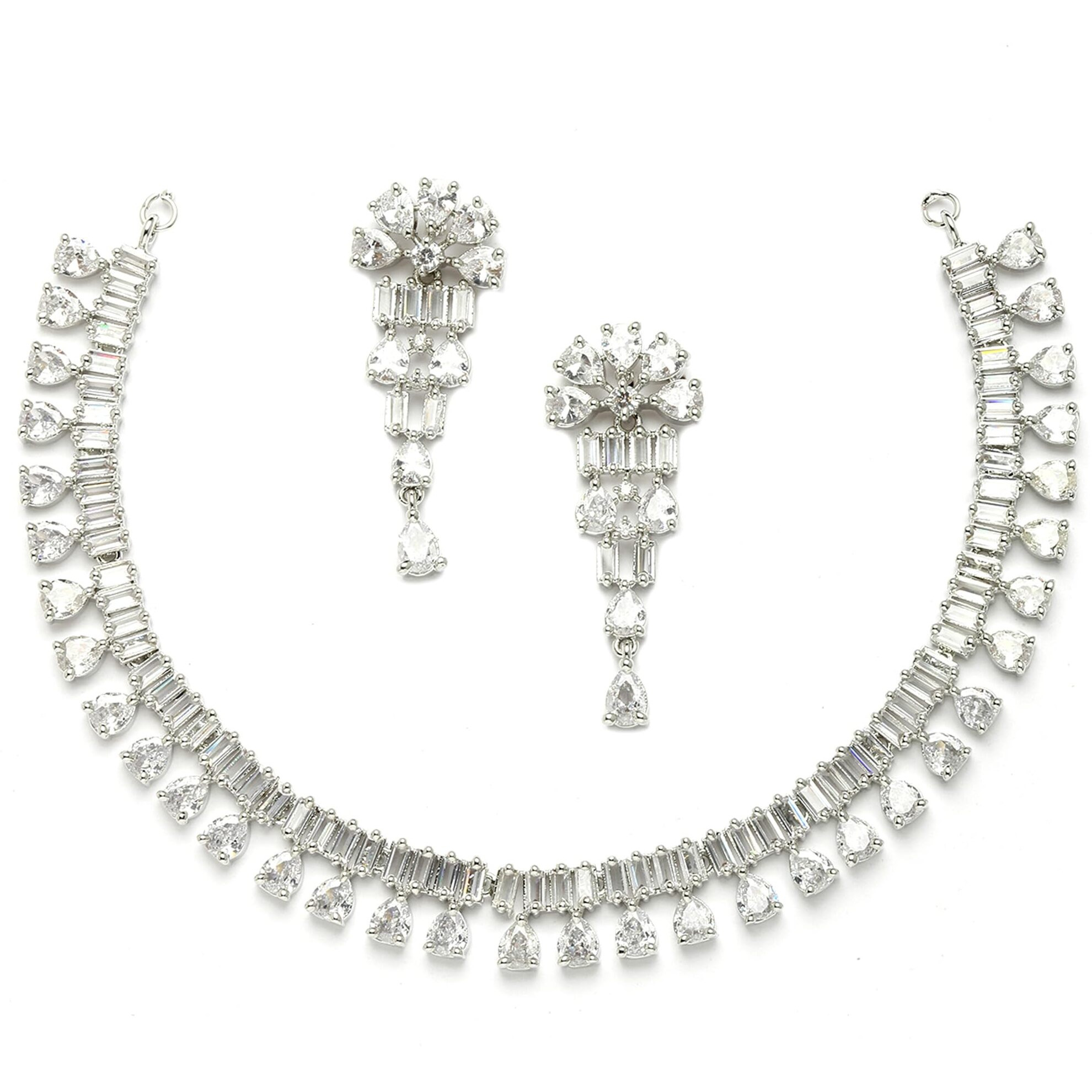 ZENEME Pear Shaped Rhodium-Plated with Silver-Toned White American Diamond Studded Jewellery Set (White)
