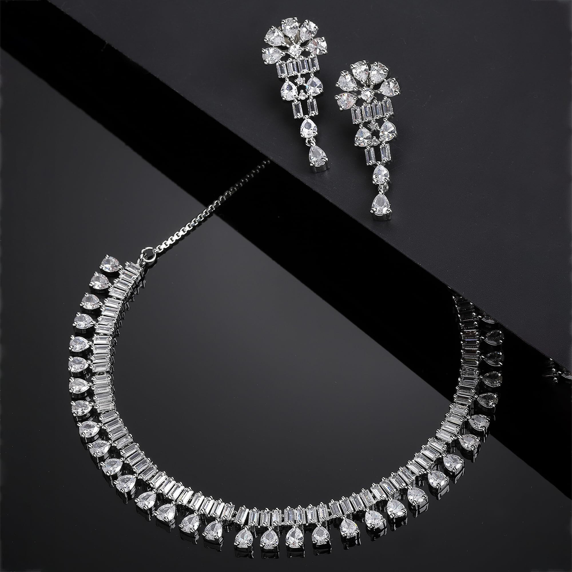 ZENEME Pear Shaped Rhodium-Plated with Silver-Toned White American Diamond Studded Jewellery Set (White)