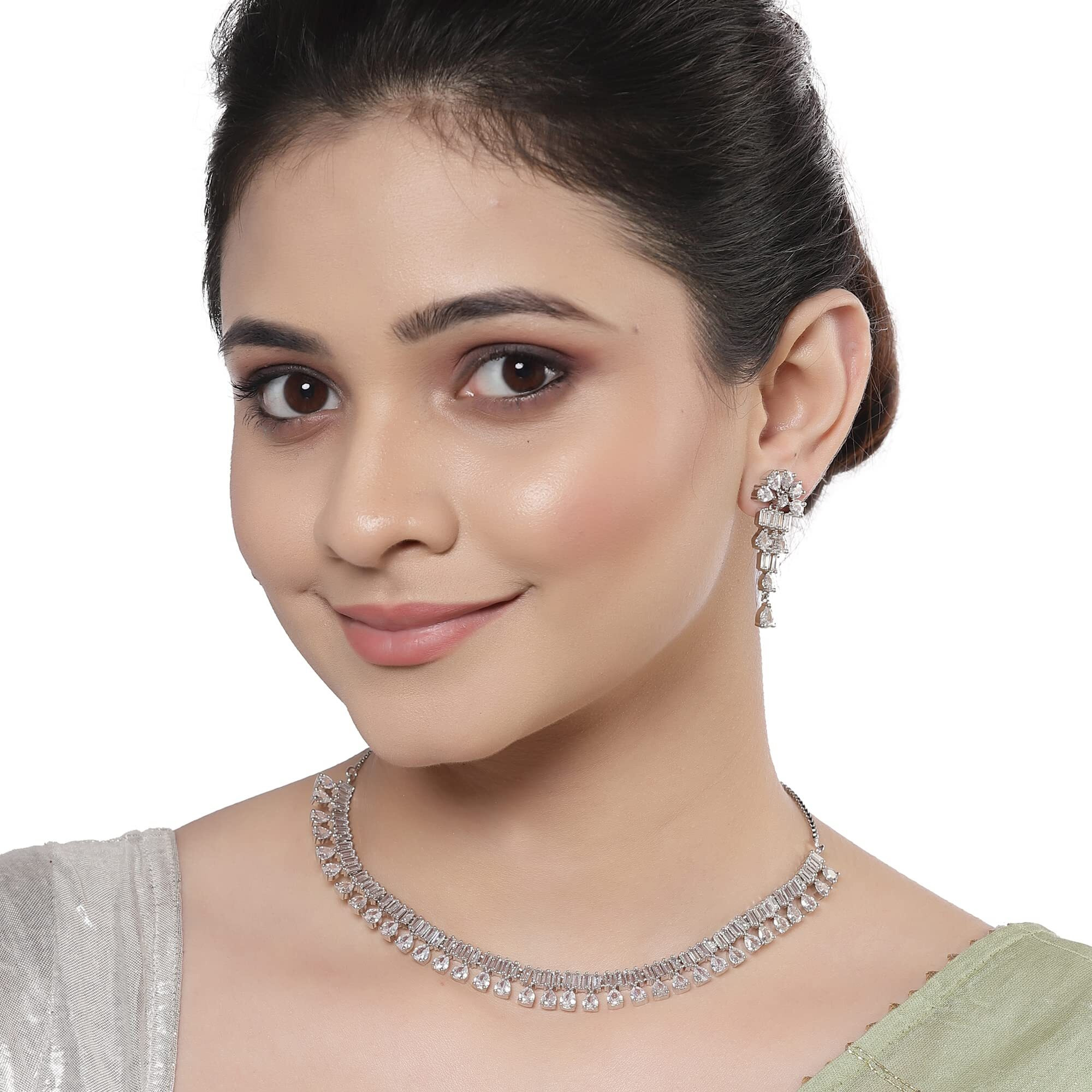 ZENEME Pear Shaped Rhodium-Plated with Silver-Toned White American Diamond Studded Jewellery Set (White)