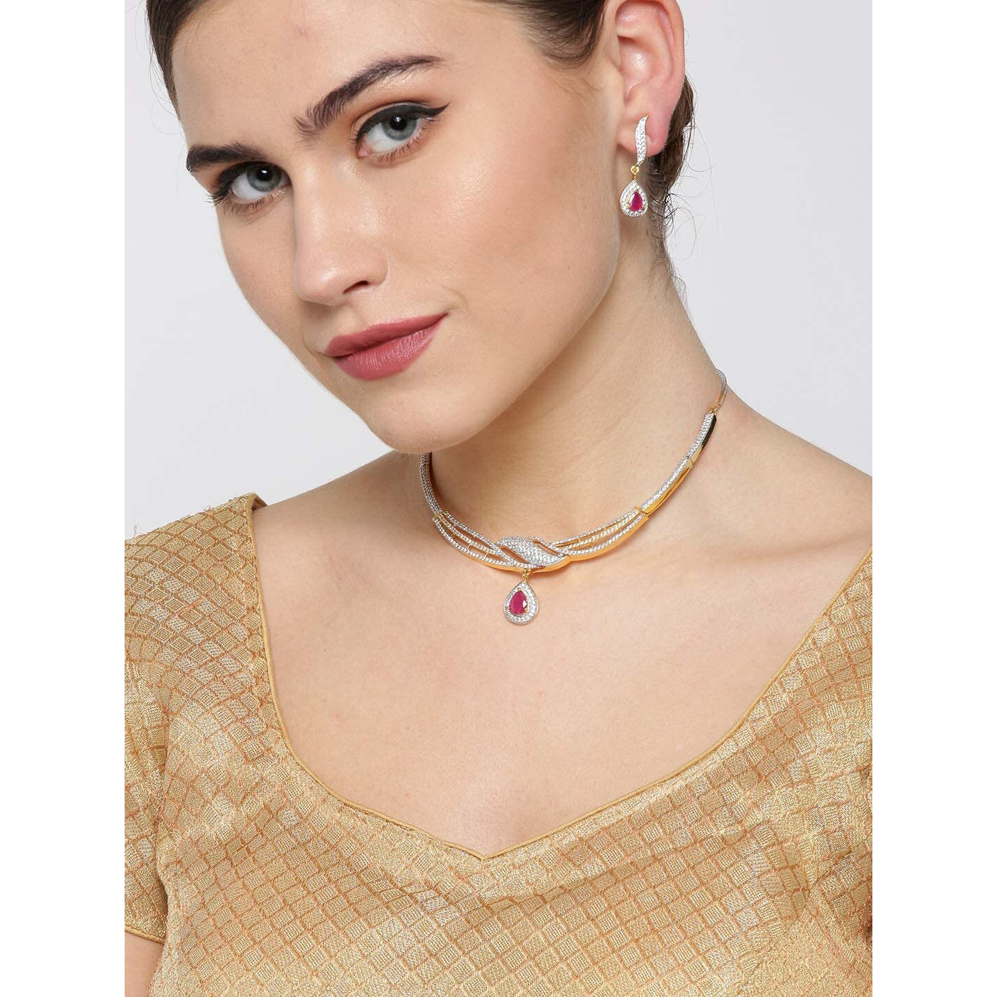 Priyaasi Pink Stone American Diamond Jewellery Set for Women | Fancy Necklace with Drop Earrings | Gold-Plated | Best Gifts for Women & Girls