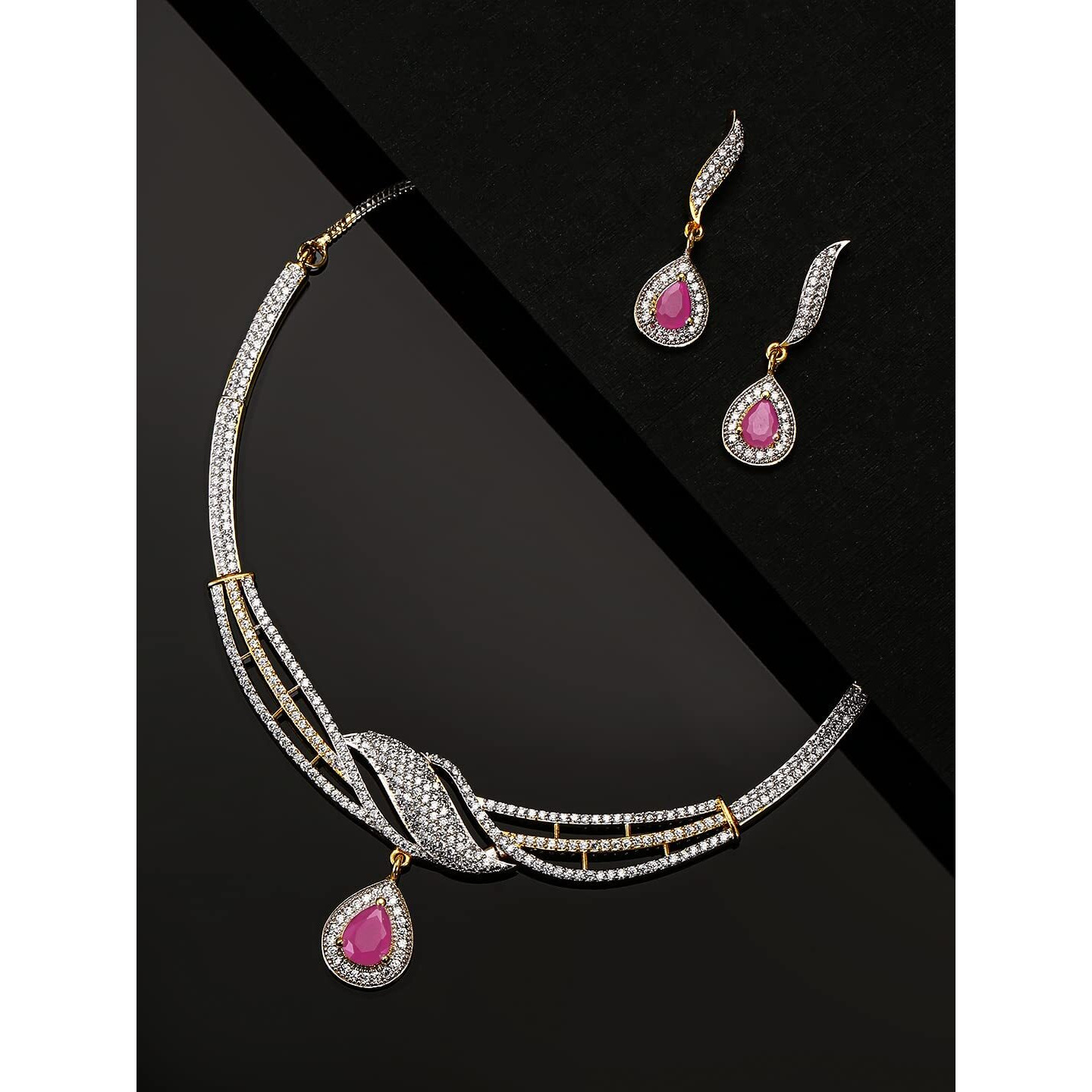 Priyaasi Pink Stone American Diamond Jewellery Set for Women | Fancy Necklace with Drop Earrings | Gold-Plated | Best Gifts for Women & Girls