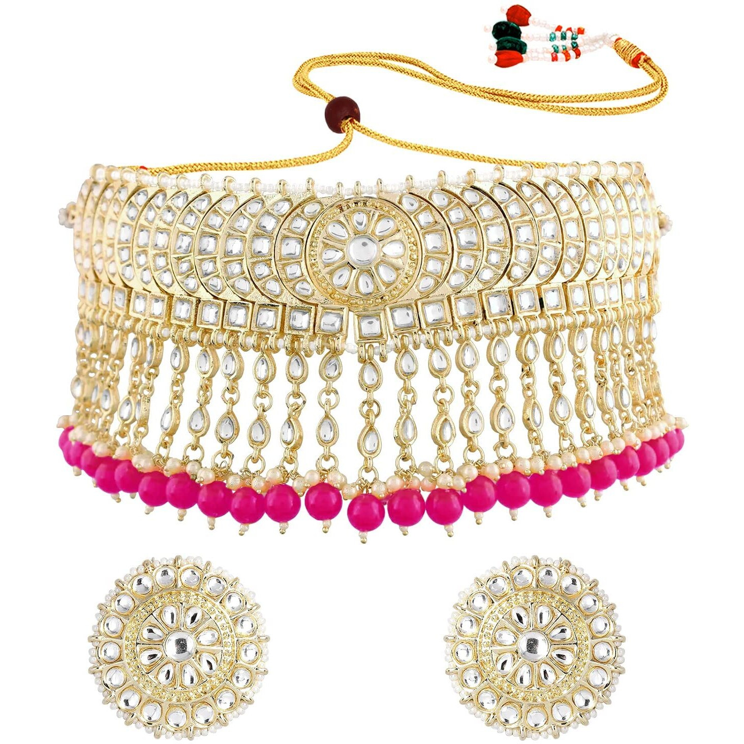 I Jewels Gold Plated Traditional Kundan & Pearl Studded Bridal Choker Necklace With Round Earrings Jewellery Set For Women (K7210Q)