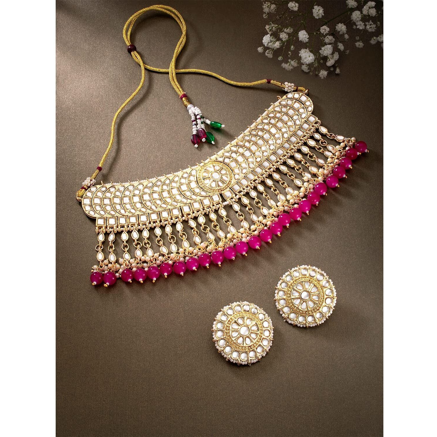 I Jewels Gold Plated Traditional Kundan & Pearl Studded Bridal Choker Necklace With Round Earrings Jewellery Set For Women (K7210Q)