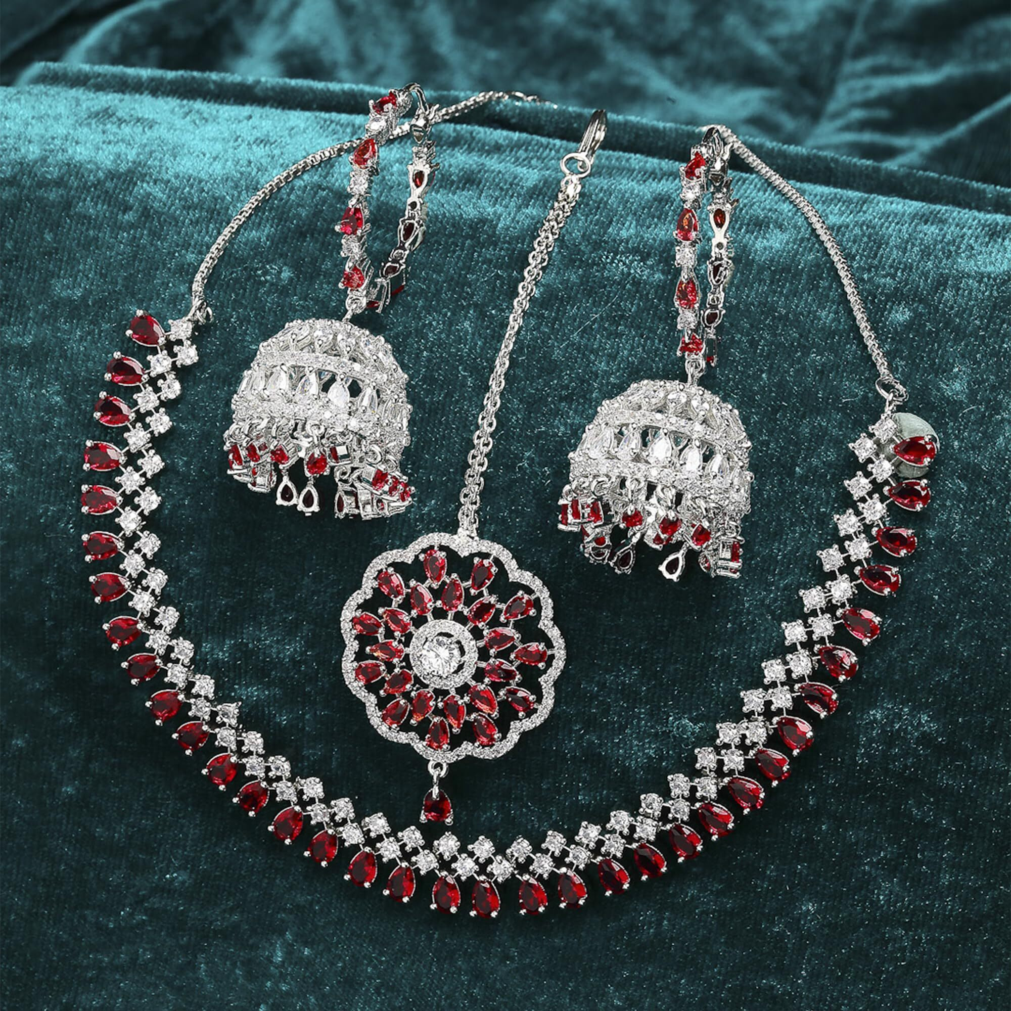ZENEME Jewellery Sparkling American Diamond Collar Necklace with Designer Jhumka/Jhumki Earrings Maang Tikka for Women and Girls (Red)