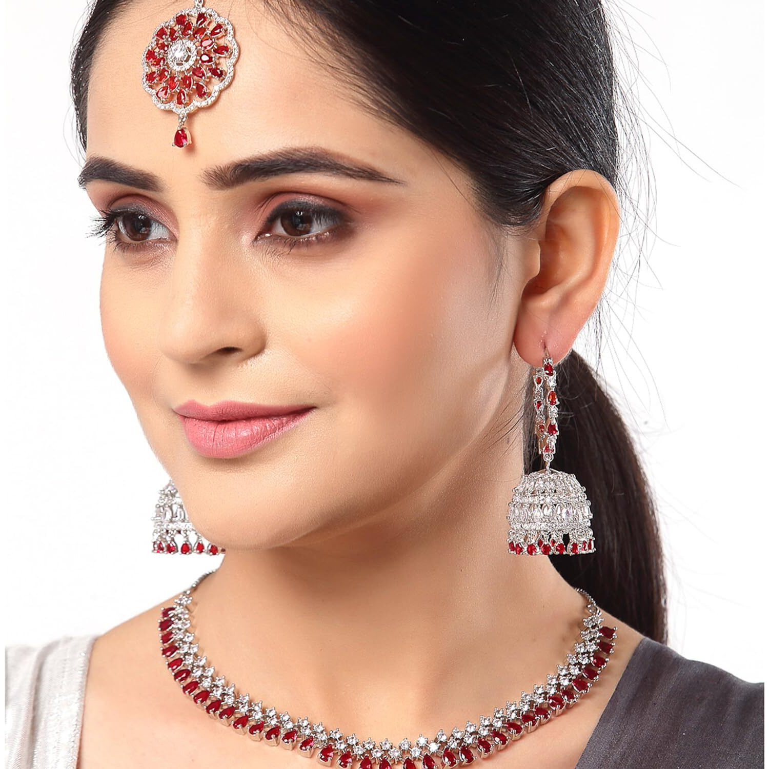 ZENEME Jewellery Sparkling American Diamond Collar Necklace with Designer Jhumka/Jhumki Earrings Maang Tikka for Women and Girls (Red)
