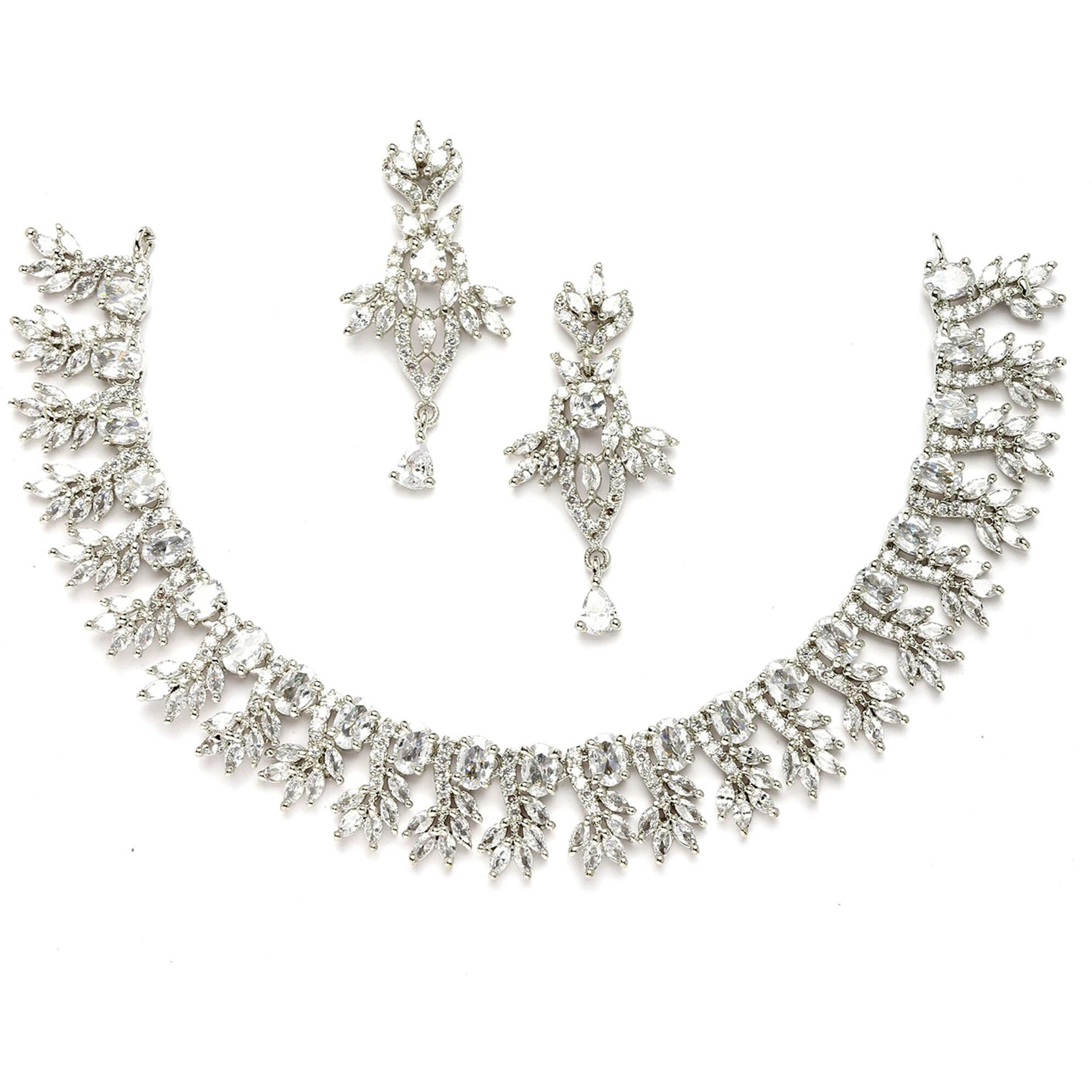 ZENEME Rhodium-Plated with Silver-Toned White American Diamond Studded Embellish Statement Jewellery Set (White)
