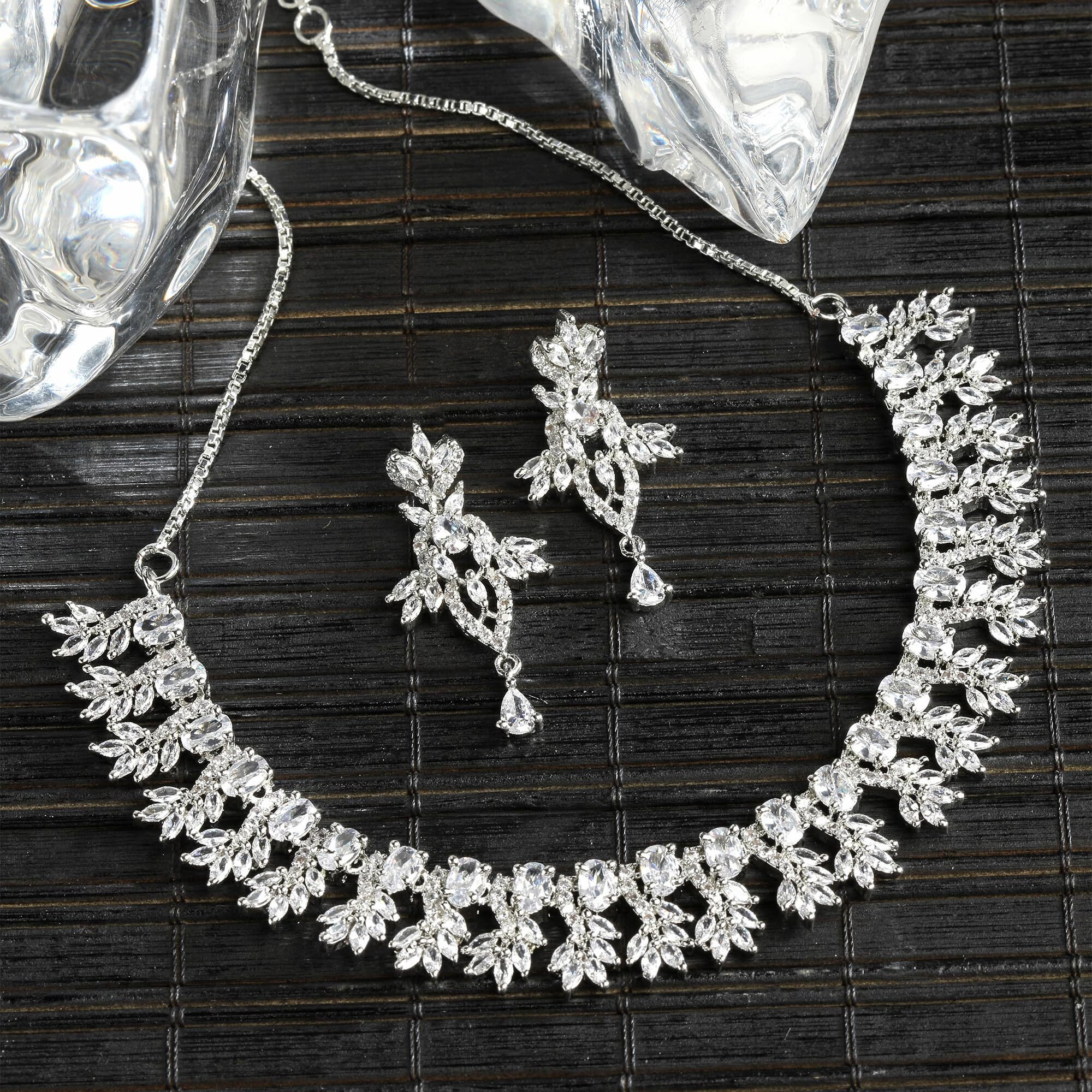 ZENEME Rhodium-Plated with Silver-Toned White American Diamond Studded Embellish Statement Jewellery Set (White)