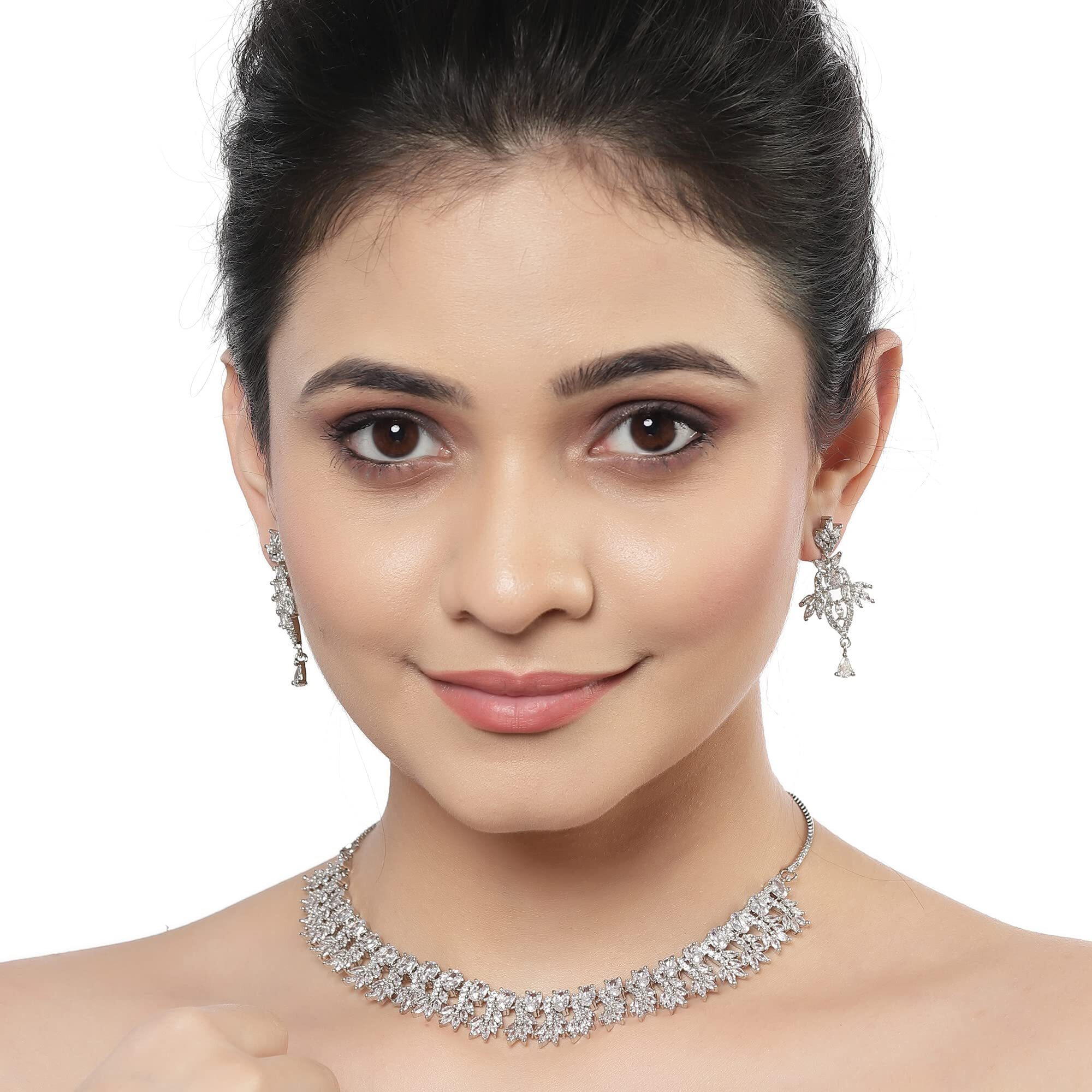 ZENEME Rhodium-Plated with Silver-Toned White American Diamond Studded Embellish Statement Jewellery Set (White)