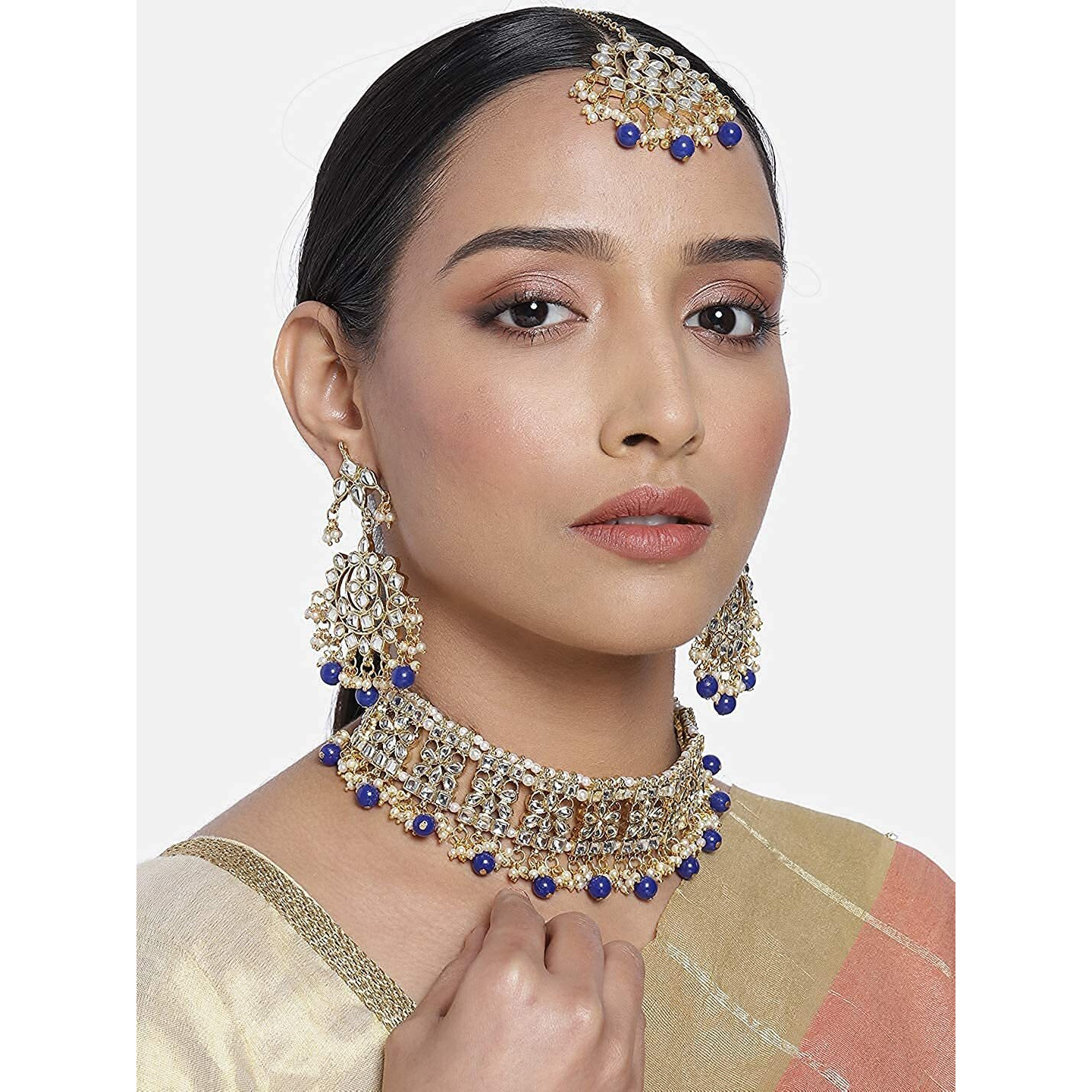 I Jewels Gold Plated Traditional Kundan & Pearl Studded Choker Necklace Jewellery Set with Earrings & Maang Tikka For Women (K7069Bl)