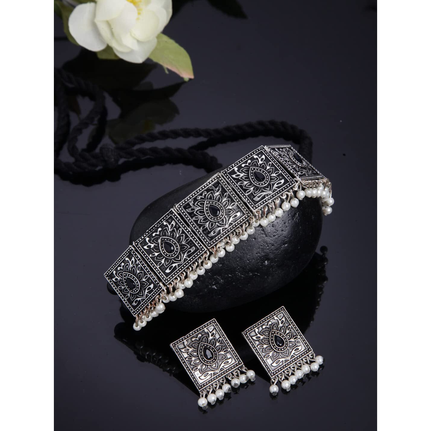 Shining Diva Fashion Latest Stylish Traditional Oxidised Silver Necklace Jewellery Set for Women (13143s)