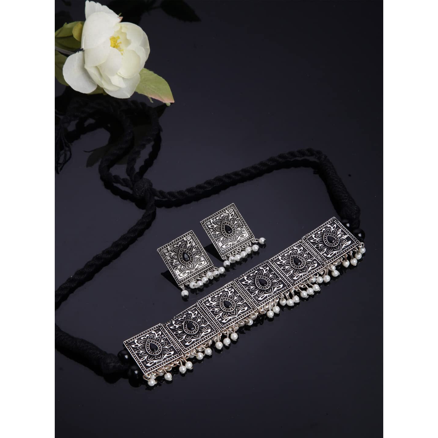 Shining Diva Fashion Latest Stylish Traditional Oxidised Silver Necklace Jewellery Set for Women (13143s)