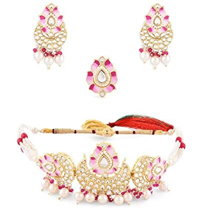 ZAVERI PEARLS Pink Meenakari Lotus Design Crescent Kundan & Beads Choker Necklace Earring & Ring Set For Women-ZPFK14720