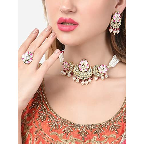 ZAVERI PEARLS Pink Meenakari Lotus Design Crescent Kundan & Beads Choker Necklace Earring & Ring Set For Women-ZPFK14720