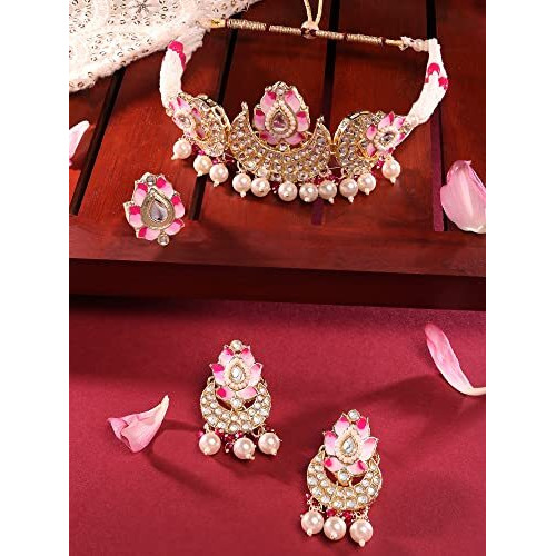 ZAVERI PEARLS Pink Meenakari Lotus Design Crescent Kundan & Beads Choker Necklace Earring & Ring Set For Women-ZPFK14720