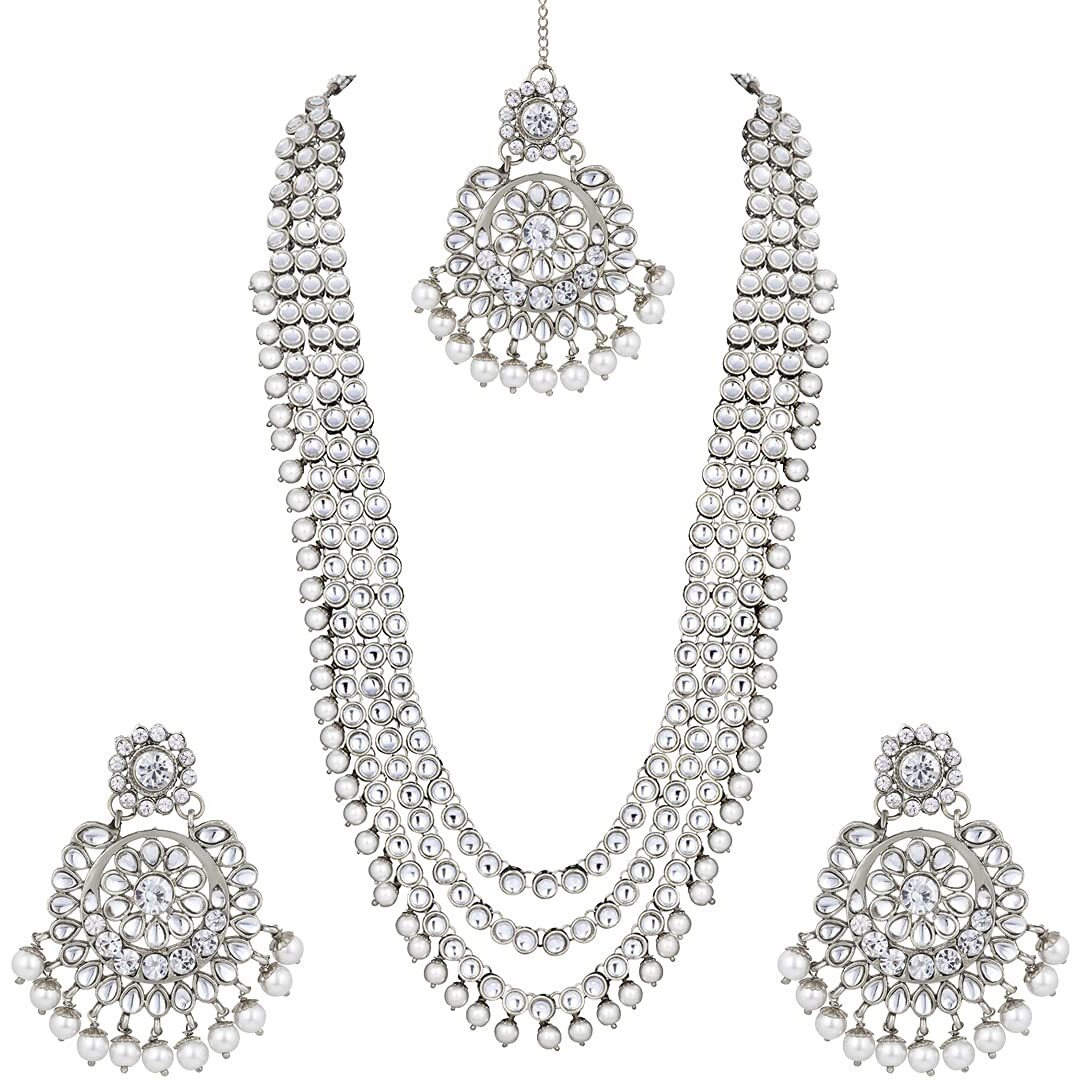 Peora Indian Traditional Kundan Long Necklace with Earring Maang Tikka Jewellery Set for Women Girls (White)