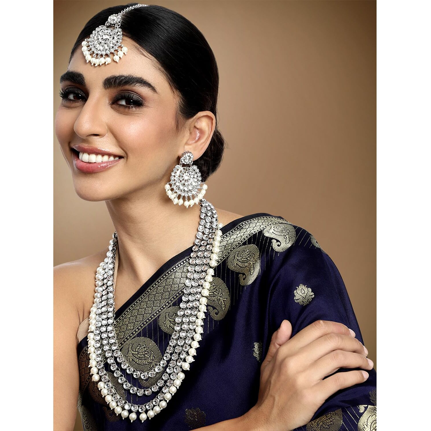 Peora Indian Traditional Kundan Long Necklace with Earring Maang Tikka Jewellery Set for Women Girls (White)