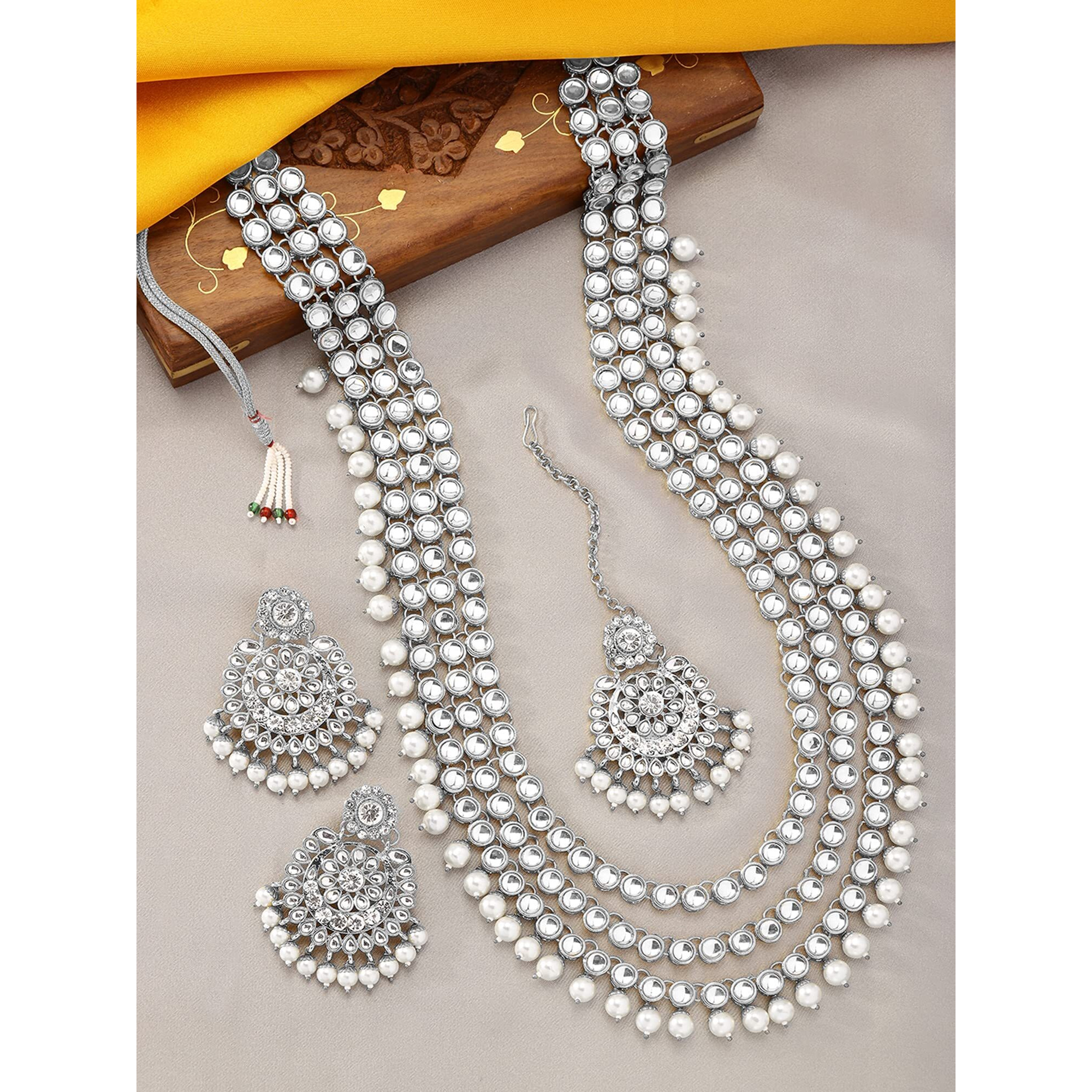 Peora Indian Traditional Kundan Long Necklace with Earring Maang Tikka Jewellery Set for Women Girls (White)