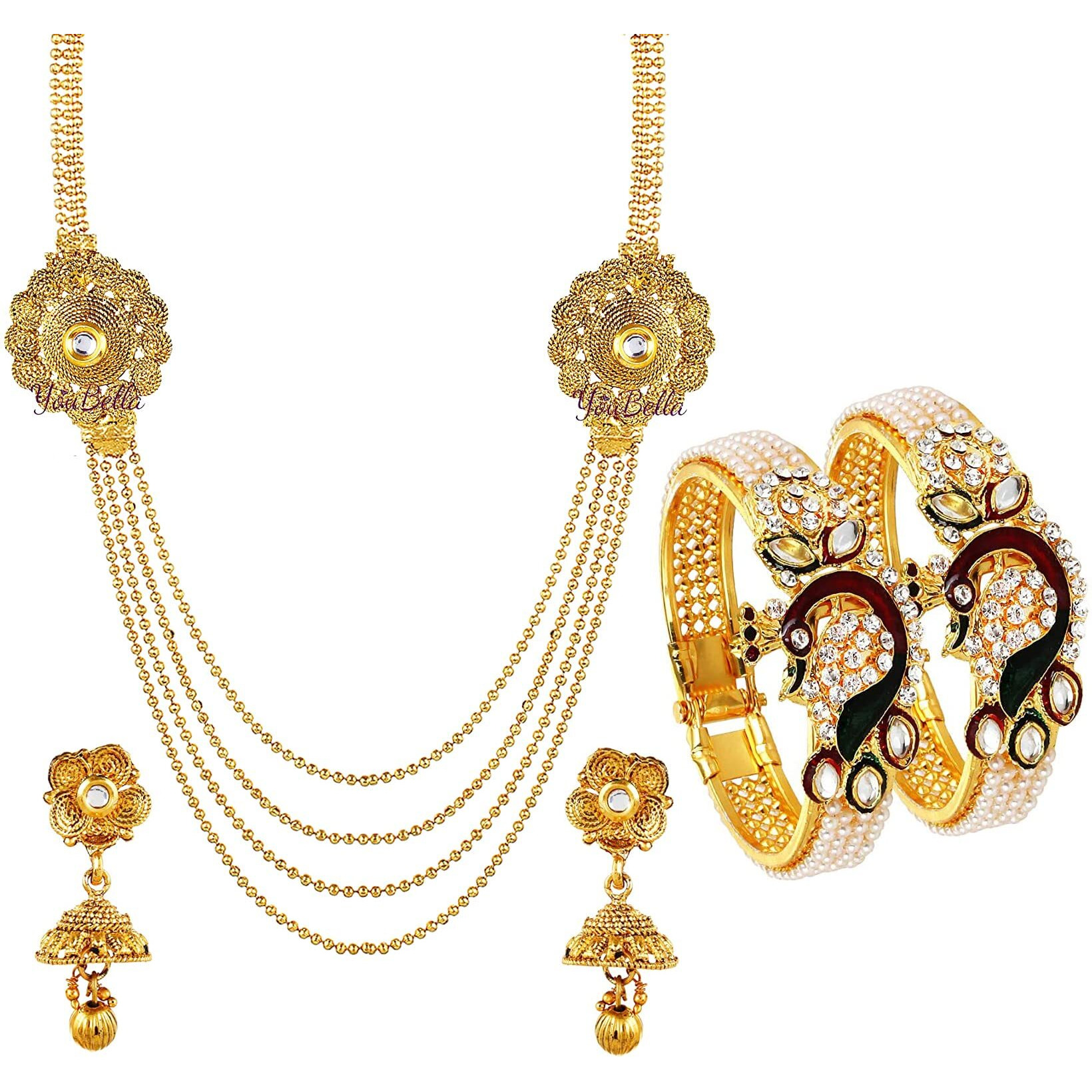YouBella Jewellery Sets for Women Gold Plated Necklace Jewellery Set with Earrings and Bangles Combo for Girls/Women (Combo 3)