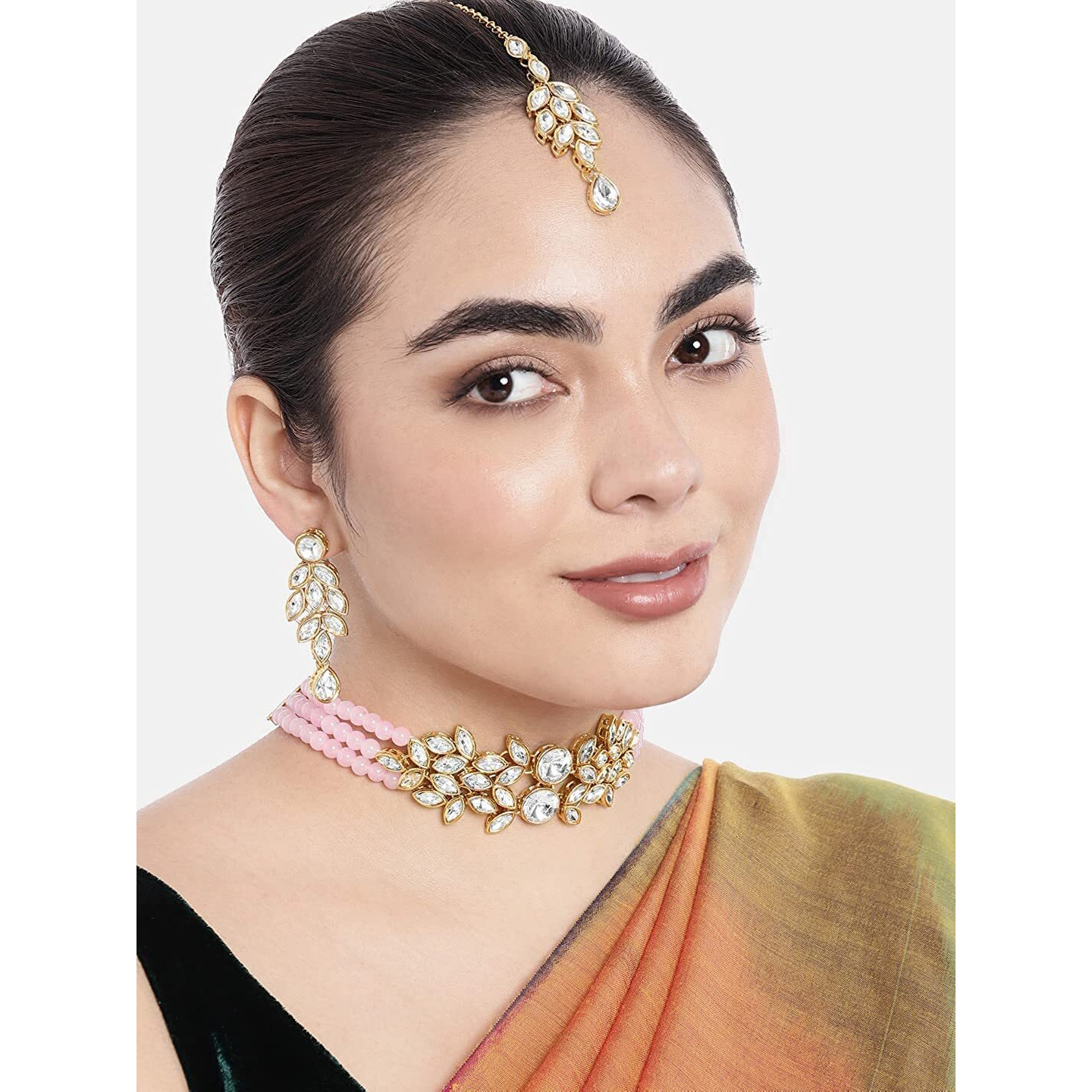 I Jewels 18K Gold Plated Traditional Stone Studded Pearl Choker Necklace Set For Women (ML285) (Pink)