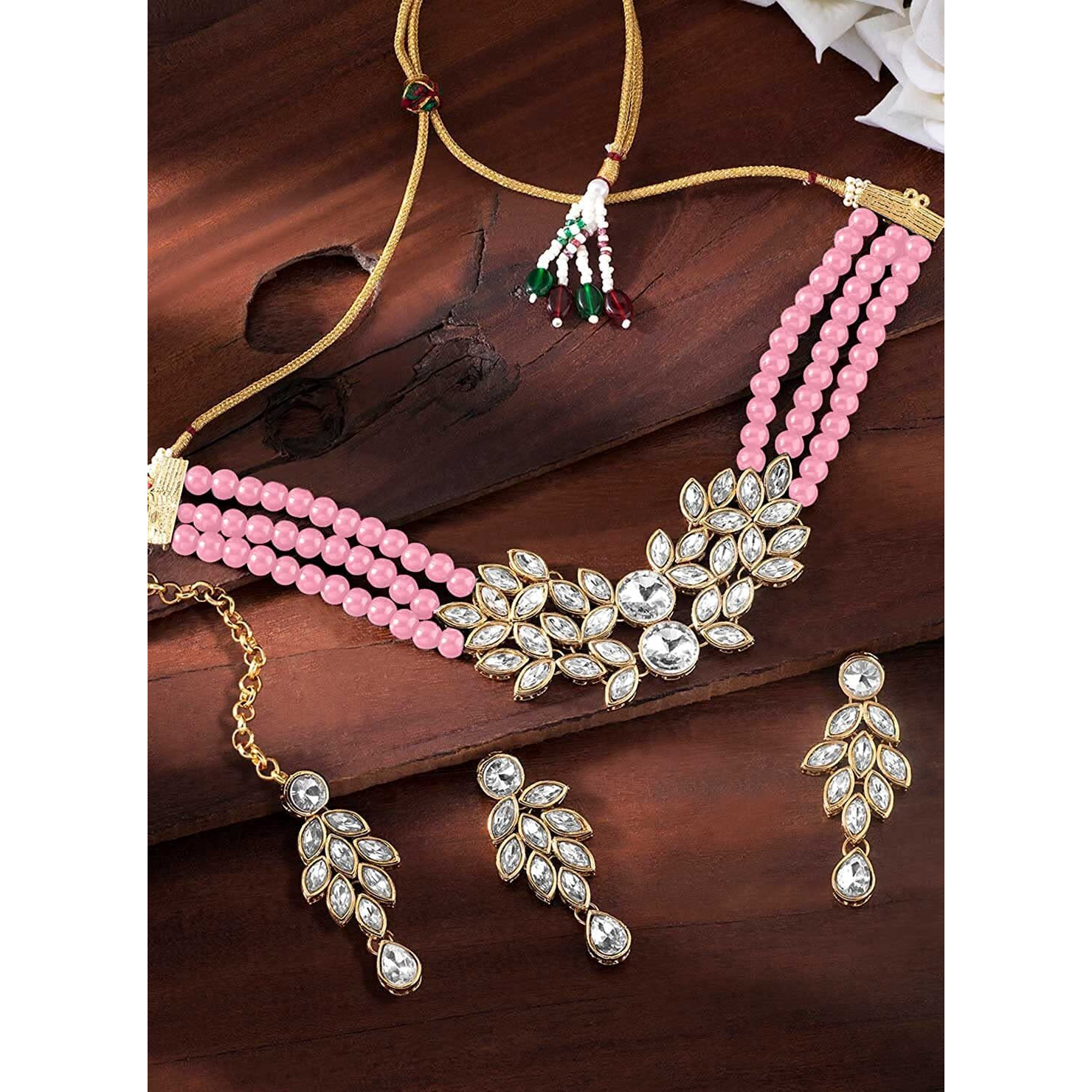 I Jewels 18K Gold Plated Traditional Stone Studded Pearl Choker Necklace Set For Women (ML285) (Pink)